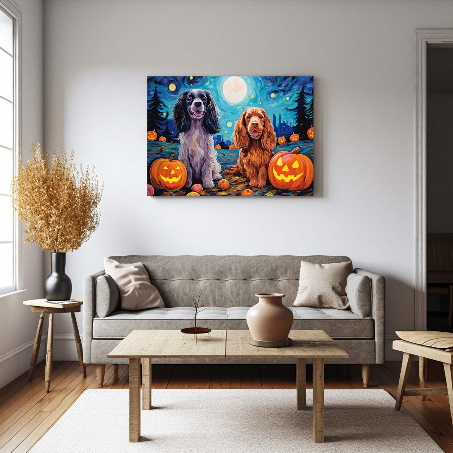 Cocker Spaniels Dog 02 Halloween With Pumpkin Oil Painting Van Goh Style, Wooden Canvas Prints Wall Art Painting , Canvas 3d Art