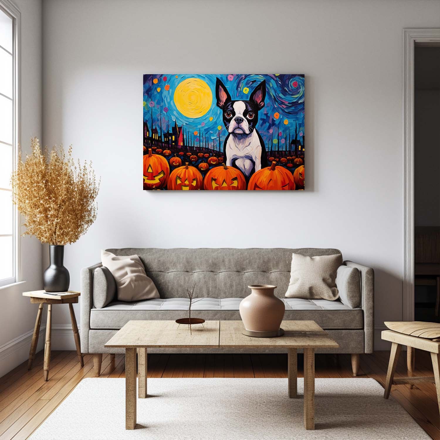 Boston Terriers Dog 01 Halloween With Pumpkin Oil Painting Van Goh Style, Wooden Canvas Prints Wall Art Painting , Canvas 3d Art