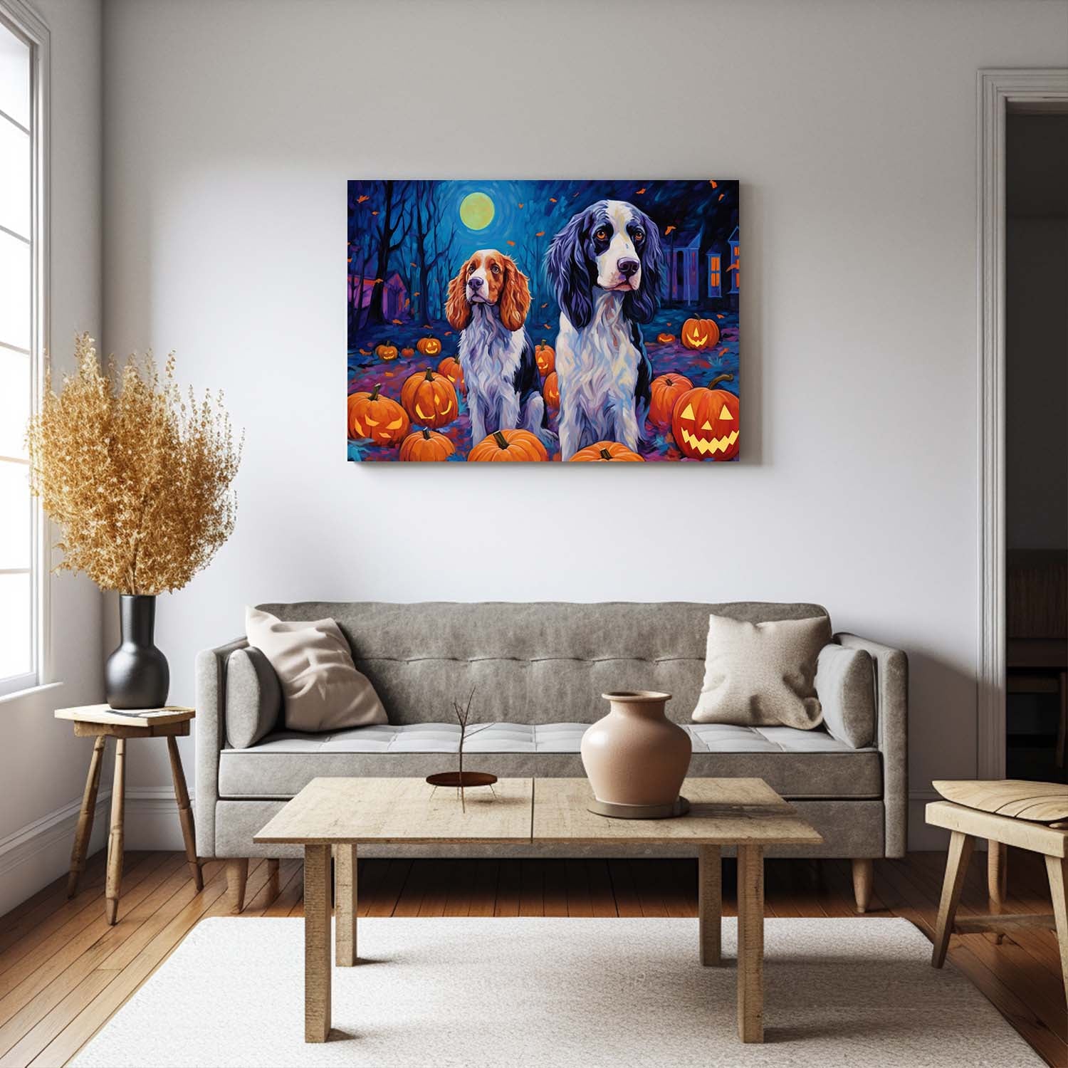 English Setters Dog 01 Halloween With Pumpkin Oil Painting Van Goh Style, Wooden Canvas Prints Wall Art Painting , Canvas 3d Art