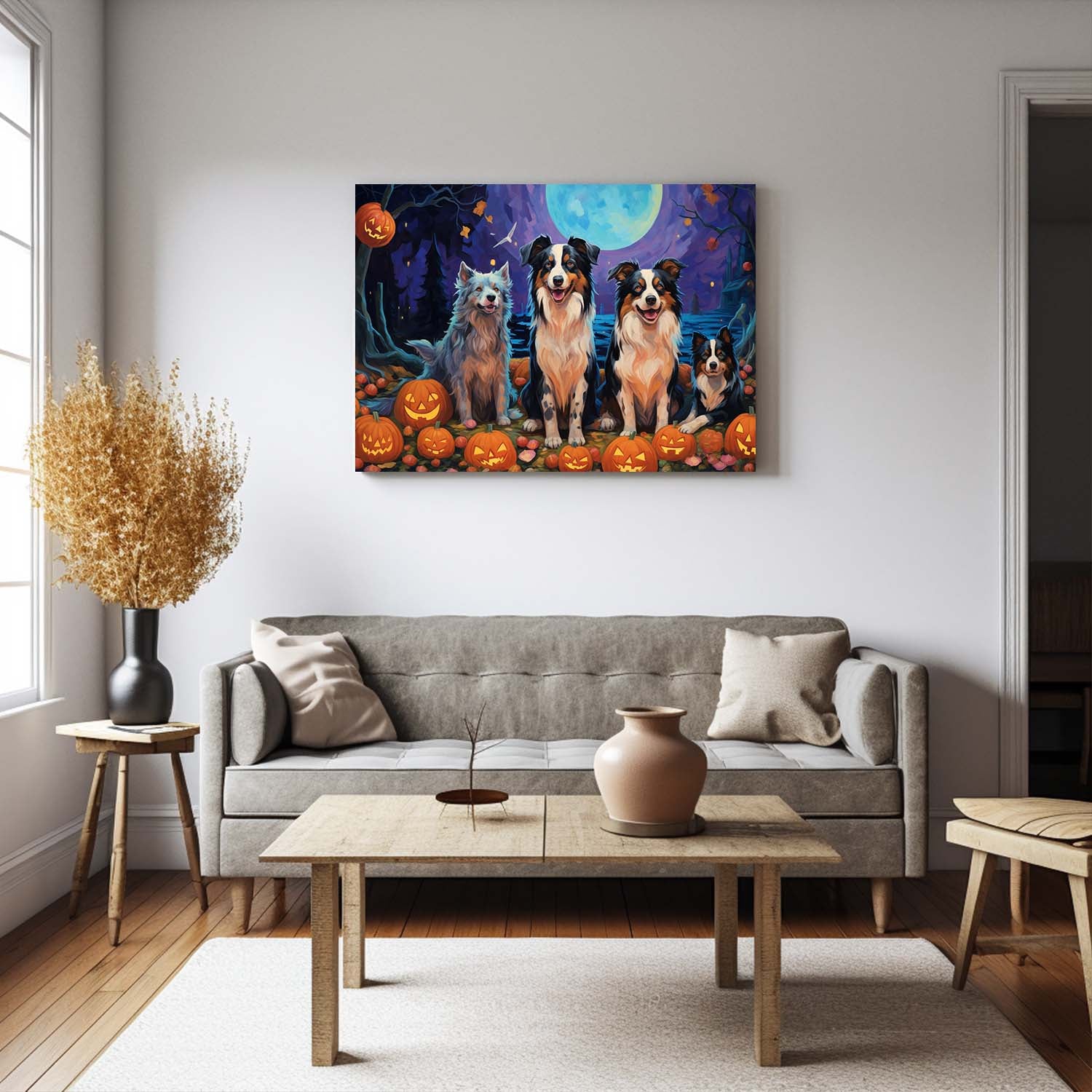 Miniature American Shepherds Dog 01 Halloween With Pumpkin Oil Painting Van Goh Style, Wooden Canvas Prints Wall Art Painting , Canvas 3d Art