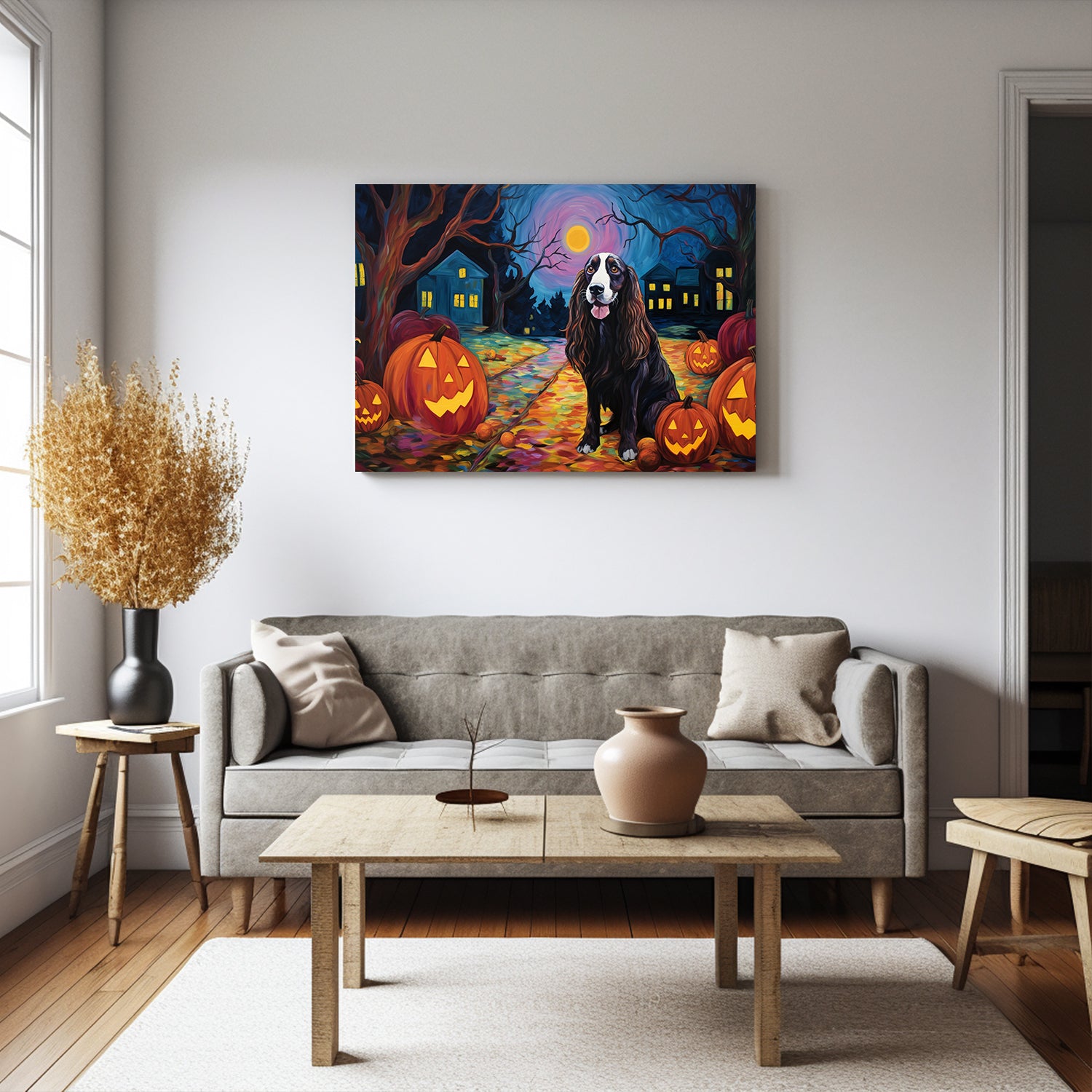 Gordon Setters Dog 02 Halloween With Pumpkin Oil Painting Van Goh Style, Wooden Canvas Prints Wall Art Painting , Canvas 3d Art