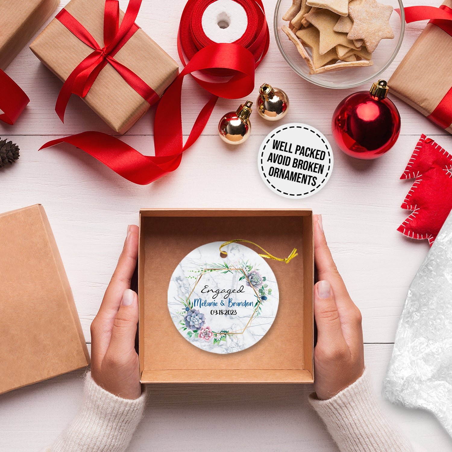 Floral Couple Engaged 02 Personalized Custom Name Christmas Premium Ceramic Ornaments Sets