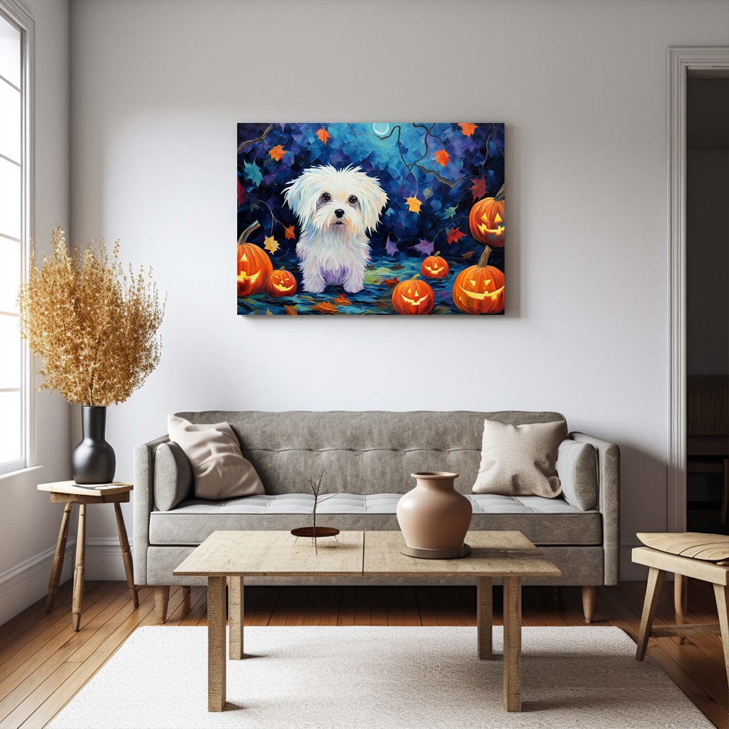 Maltese Dog 03 Halloween With Pumpkin Oil Painting Van Goh Style, Wooden Canvas Prints Wall Art Painting , Canvas 3d Art