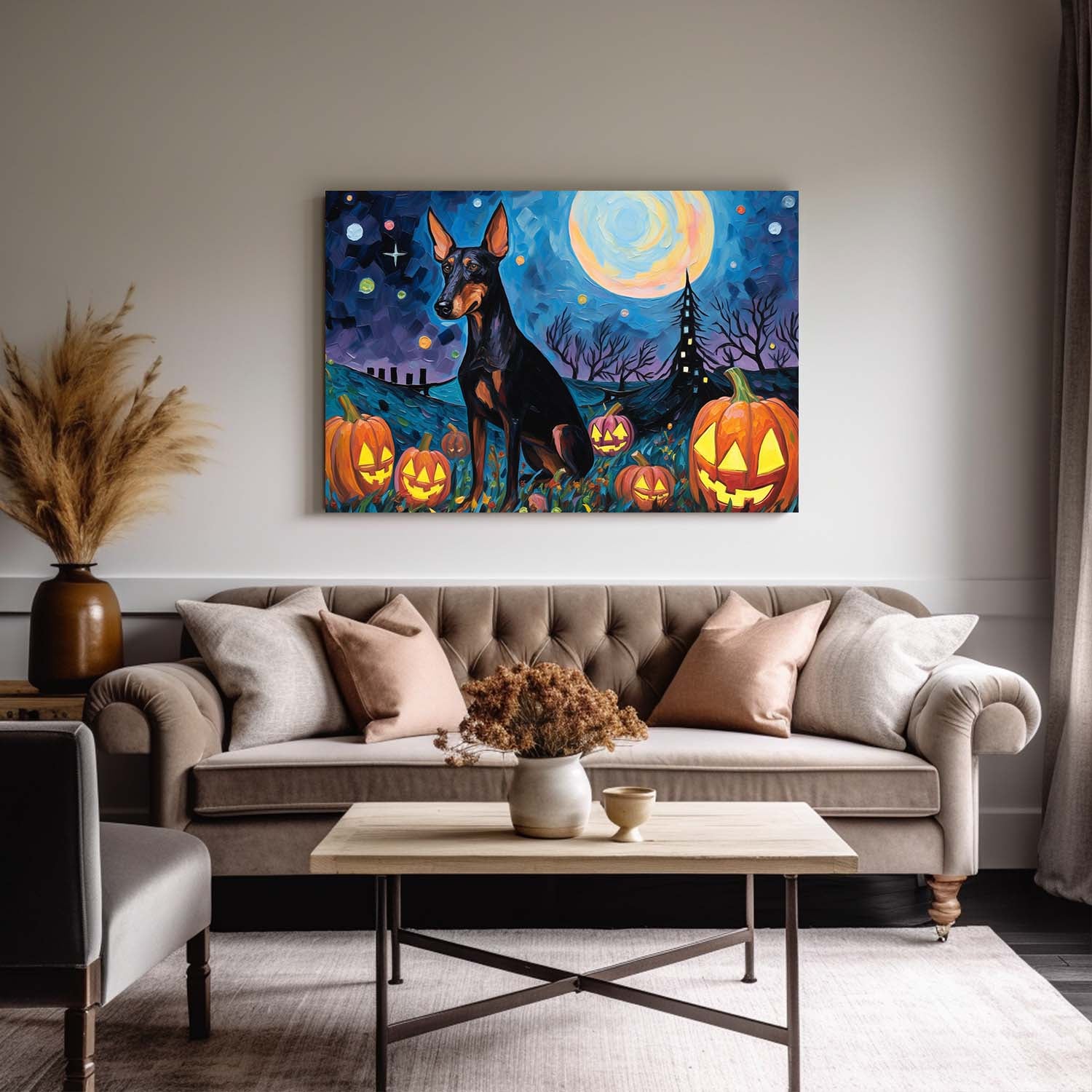 Doberman Pinschers Dog 02 Halloween With Pumpkin Oil Painting Van Goh Style, Wooden Canvas Prints Wall Art Painting , Canvas 3d Art