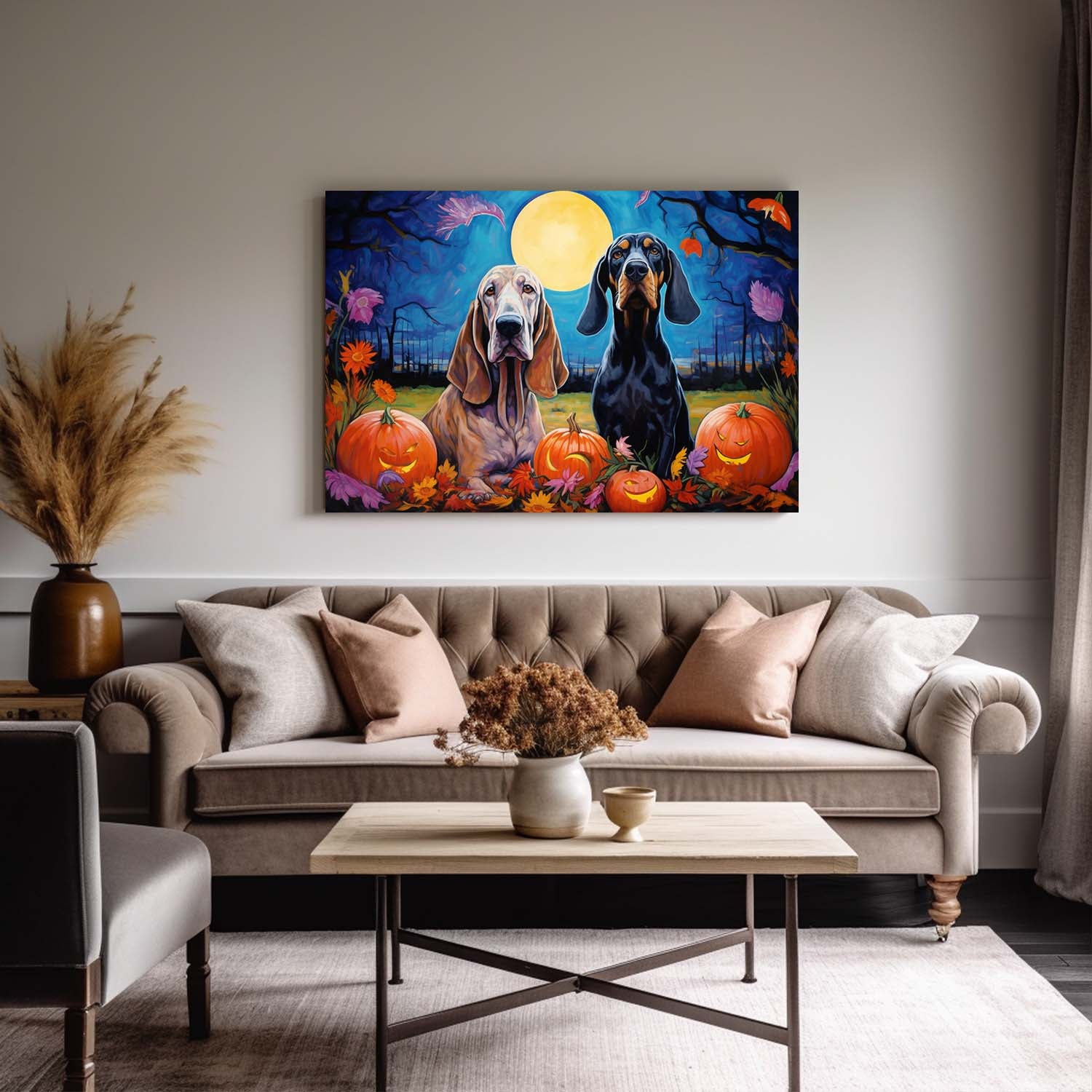 Bloodhound Dog Halloween With Pumpkin Oil Painting Van Goh Style, Wooden Canvas Prints Wall Art Painting , Canvas 3d Art