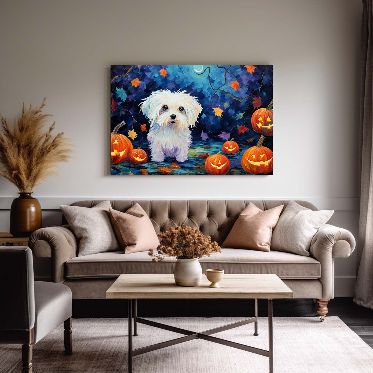 Maltese Dog 03 Halloween With Pumpkin Oil Painting Van Goh Style, Wooden Canvas Prints Wall Art Painting , Canvas 3d Art