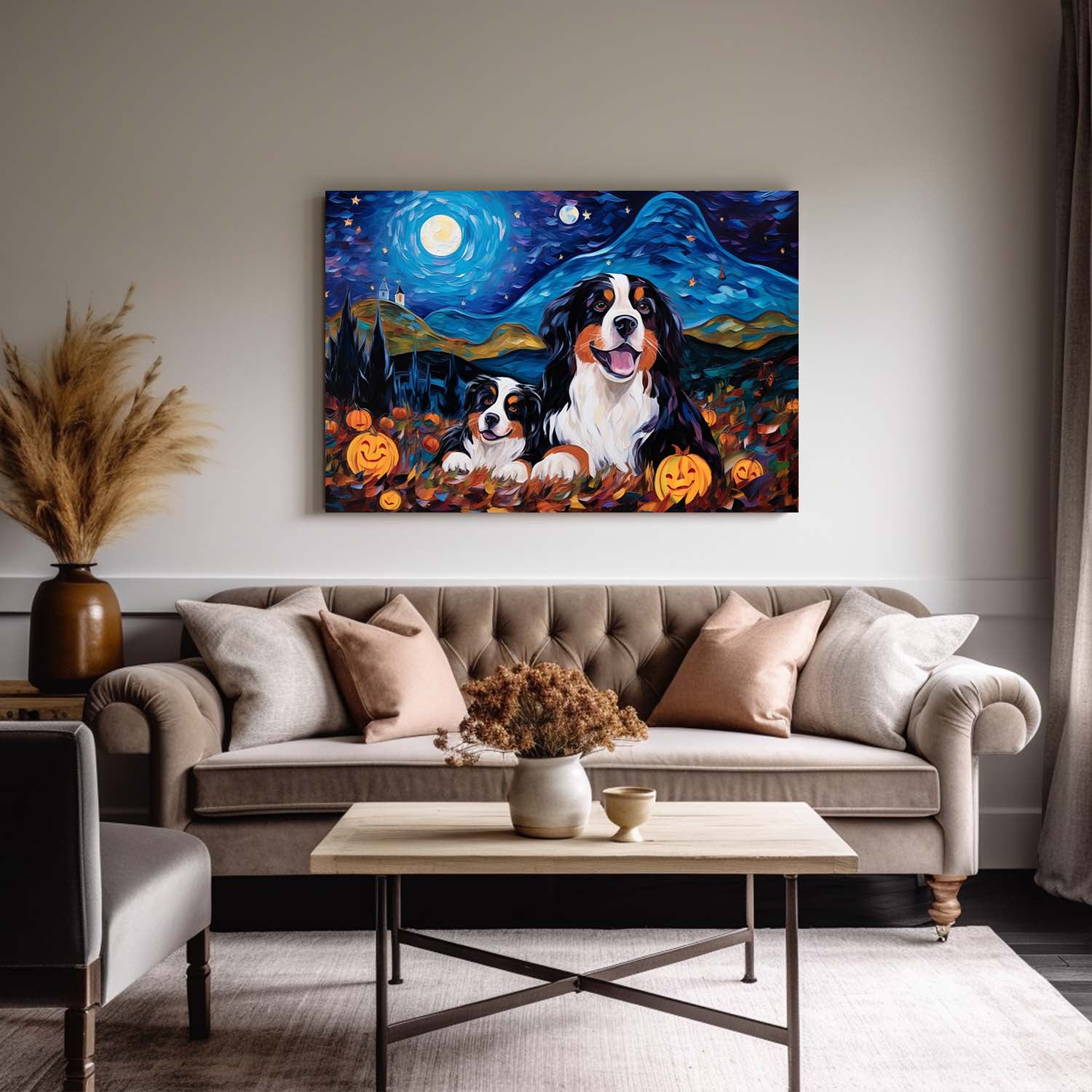 Bernese Mountain Dog 04 Halloween With Pumpkin Oil Painting Van Goh Style, Wooden Canvas Prints Wall Art Painting , Canvas 3d Art