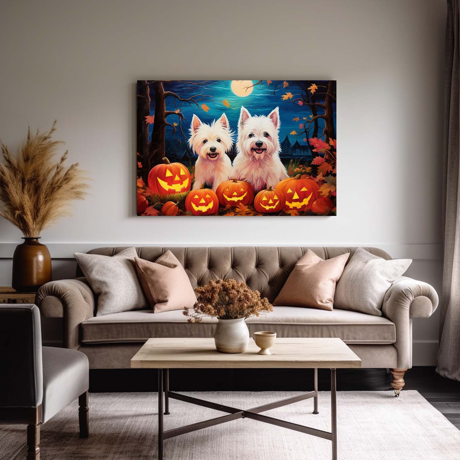 West Highland White Terriers Dog Halloween With Pumpkin Oil Painting Van Goh Style, Wooden Canvas Prints Wall Art Painting , Canvas 3d Art