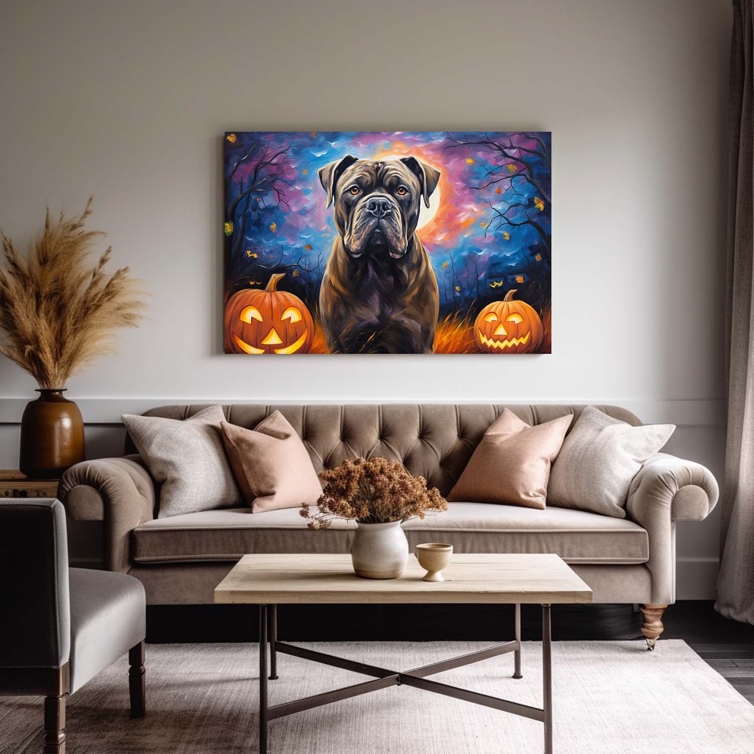 Cane Corso Dog 04 Halloween With Pumpkin Oil Painting Van Goh Style, Wooden Canvas Prints Wall Art Painting , Canvas 3d Art