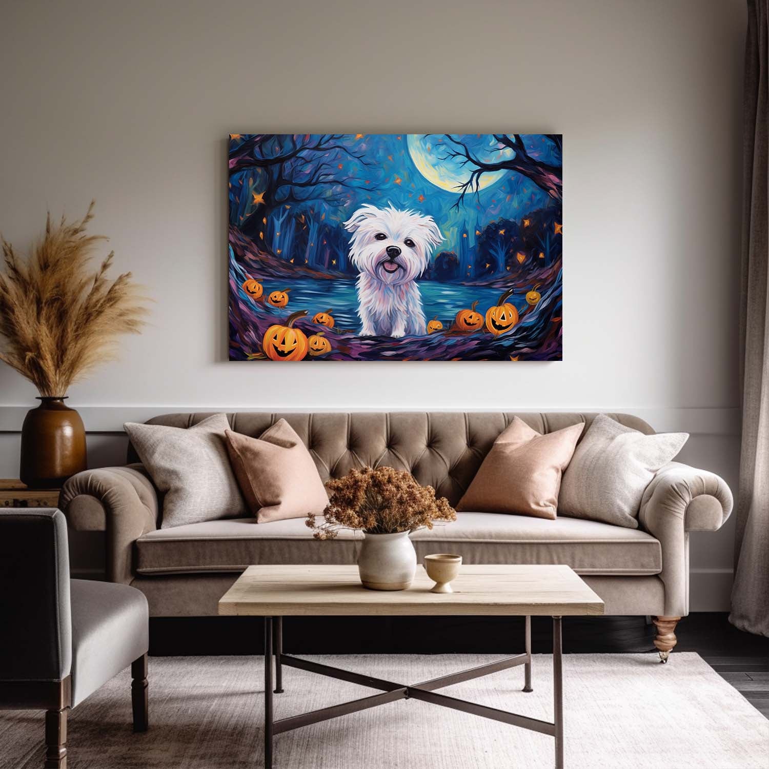Maltese Dog 02 Halloween With Pumpkin Oil Painting Van Goh Style, Wooden Canvas Prints Wall Art Painting , Canvas 3d Art