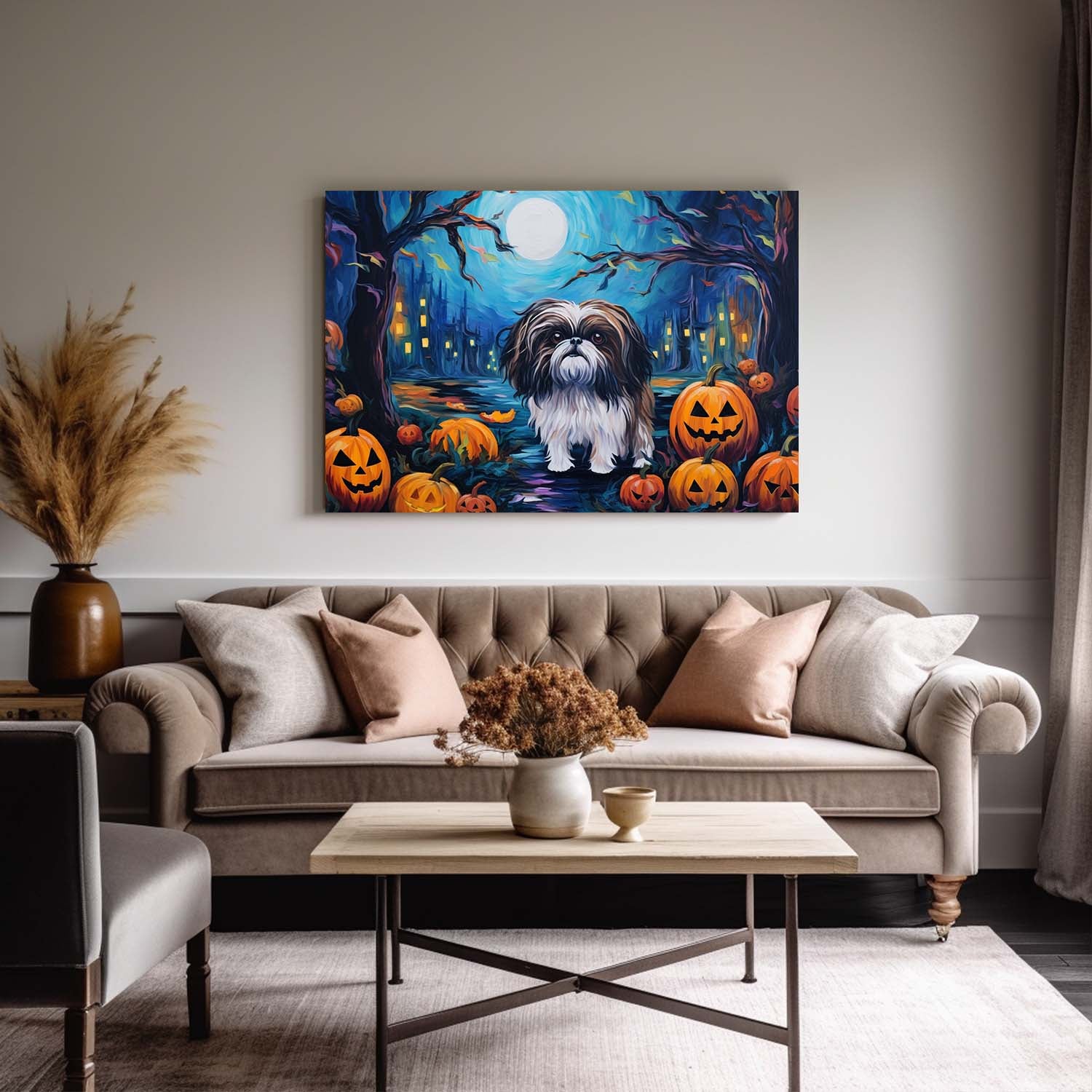 Shih Tzu Dog 02 Halloween With Pumpkin Oil Painting Van Goh Style, Wooden Canvas Prints Wall Art Painting , Canvas 3d Art