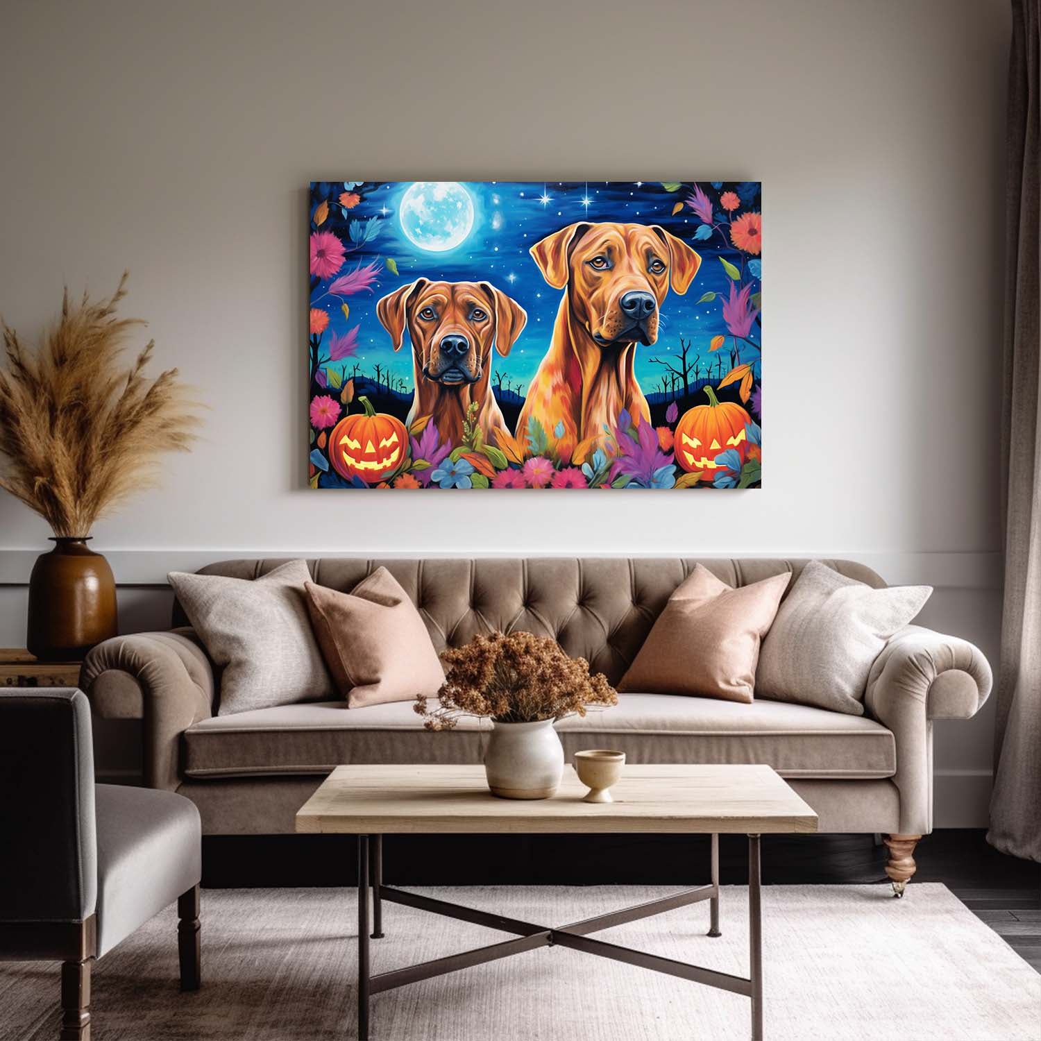 Rhodesian Ridgebacks Dog Halloween With Pumpkin Oil Painting Van Goh Style, Wooden Canvas Prints Wall Art Painting , Canvas 3d Art