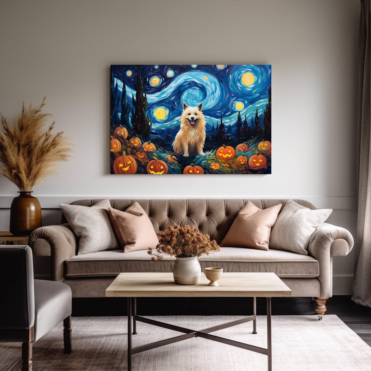 Norwegian Elkhounds Dog 02 Halloween With Pumpkin Oil Painting Van Goh Style, Wooden Canvas Prints Wall Art Painting , Canvas 3d Art
