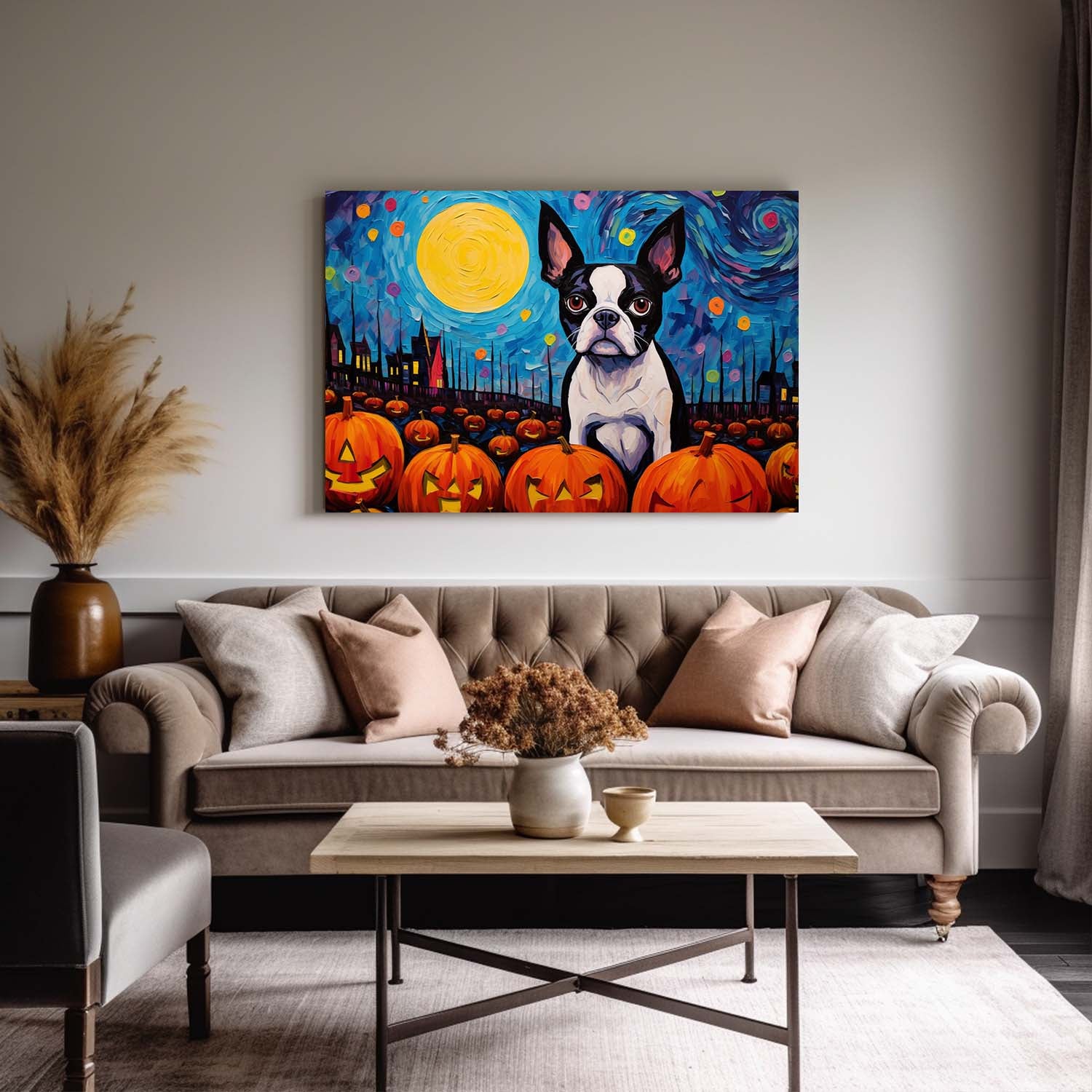 Boston Terriers Dog 01 Halloween With Pumpkin Oil Painting Van Goh Style, Wooden Canvas Prints Wall Art Painting , Canvas 3d Art