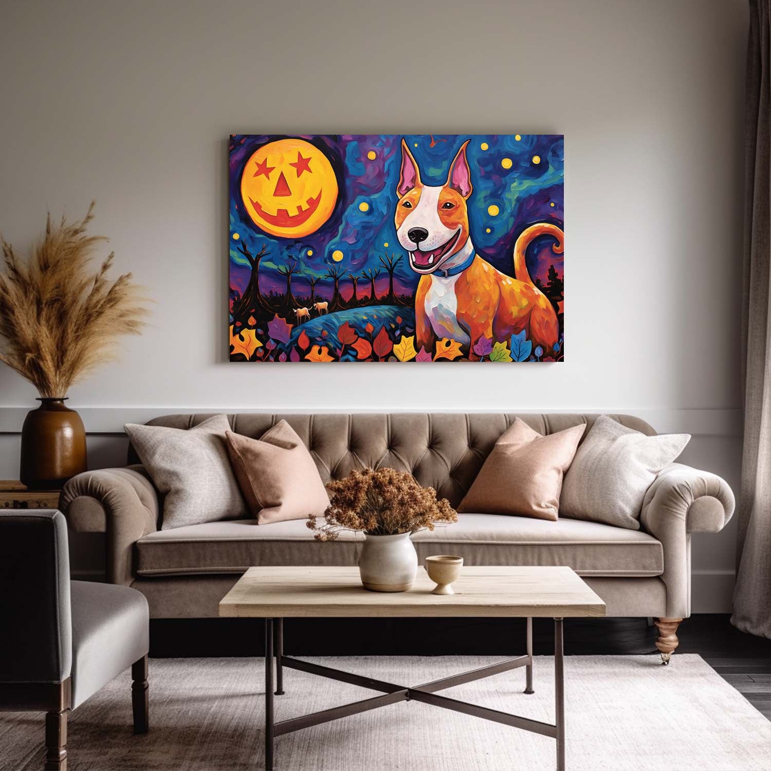 Bull Terriers Dog Halloween With Pumpkin Oil Painting Van Goh Style, Wooden Canvas Prints Wall Art Painting , Canvas 3d Art