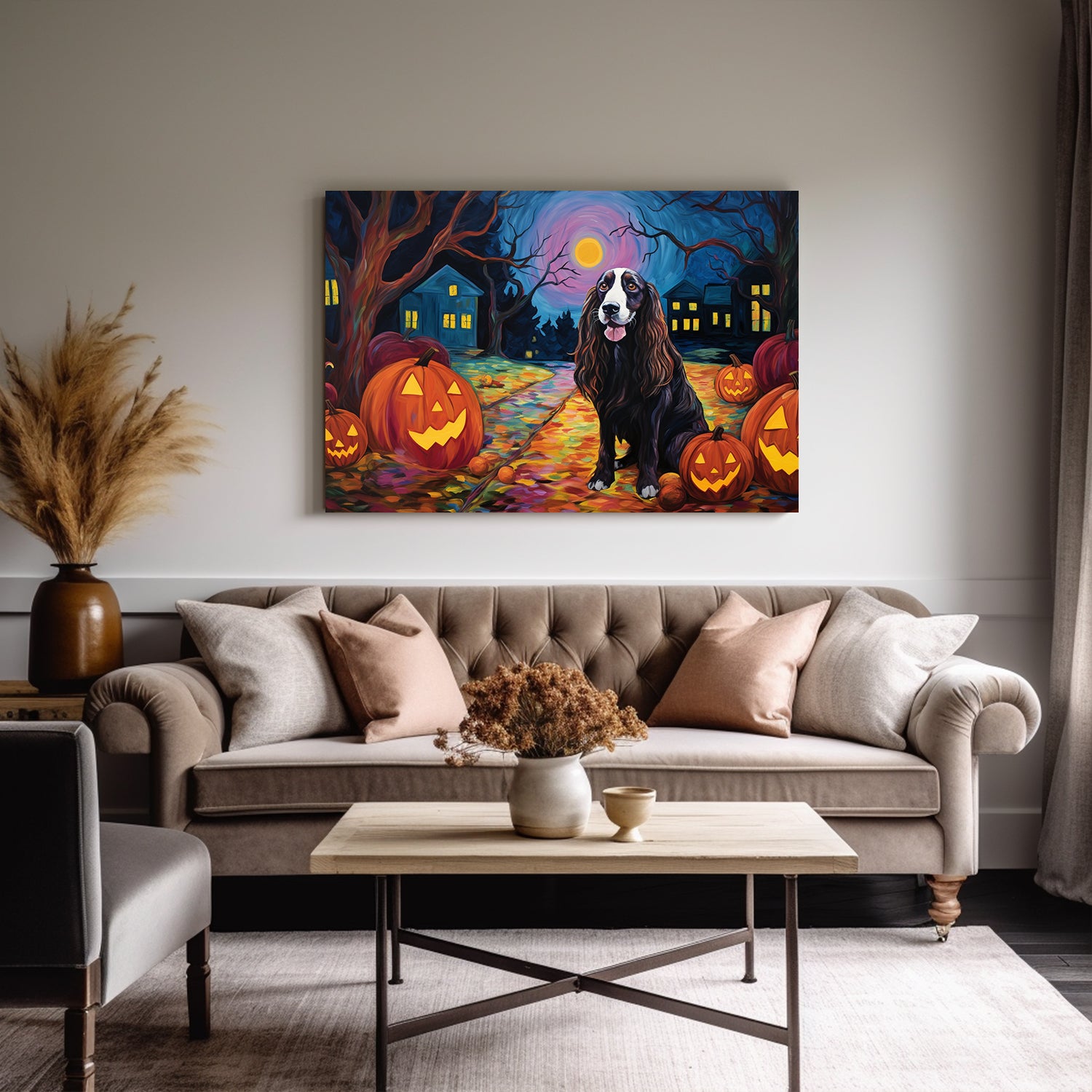 Gordon Setters Dog 02 Halloween With Pumpkin Oil Painting Van Goh Style, Wooden Canvas Prints Wall Art Painting , Canvas 3d Art