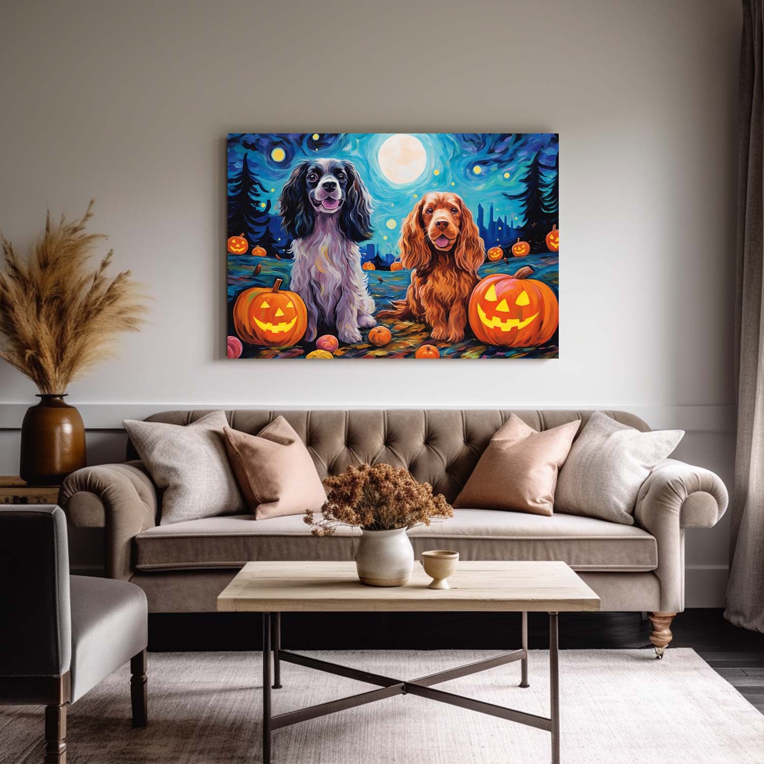 Cocker Spaniels Dog 02 Halloween With Pumpkin Oil Painting Van Goh Style, Wooden Canvas Prints Wall Art Painting , Canvas 3d Art