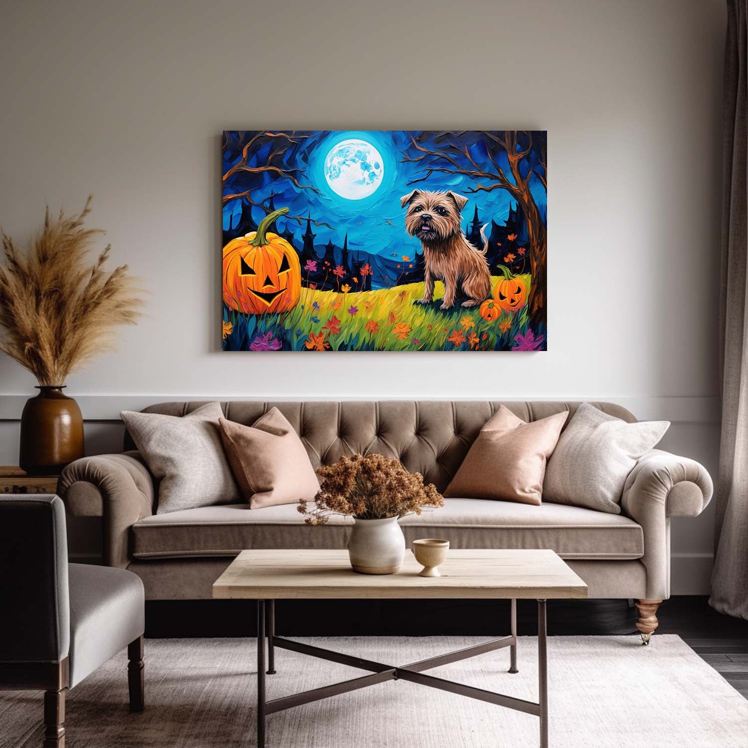 Border Terriers Dog Halloween With Pumpkin Oil Painting Van Goh Style, Wooden Canvas Prints Wall Art Painting , Canvas 3d Art