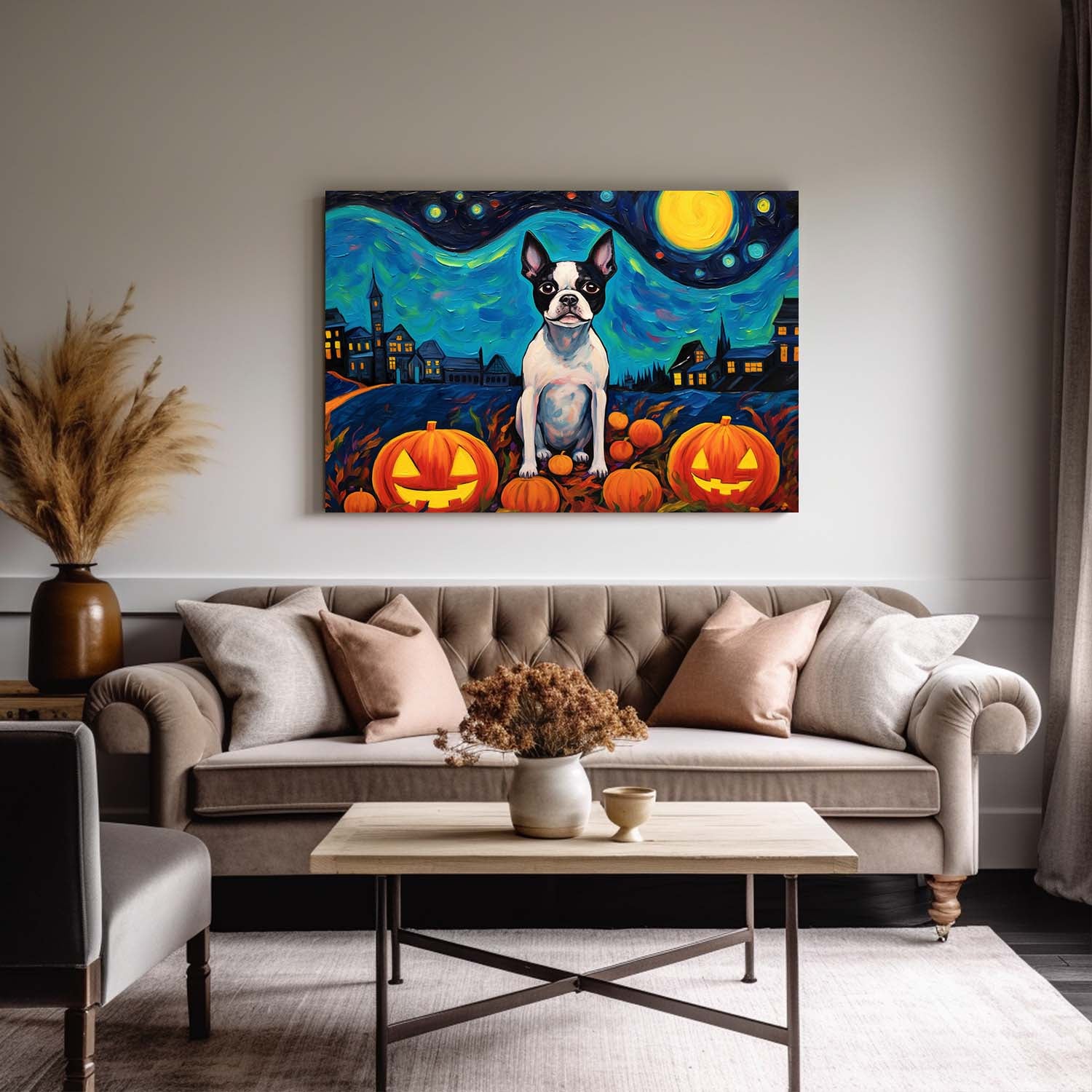 Boston Terriers Dog 02 Halloween With Pumpkin Oil Painting Van Goh Style, Wooden Canvas Prints Wall Art Painting , Canvas 3d Art