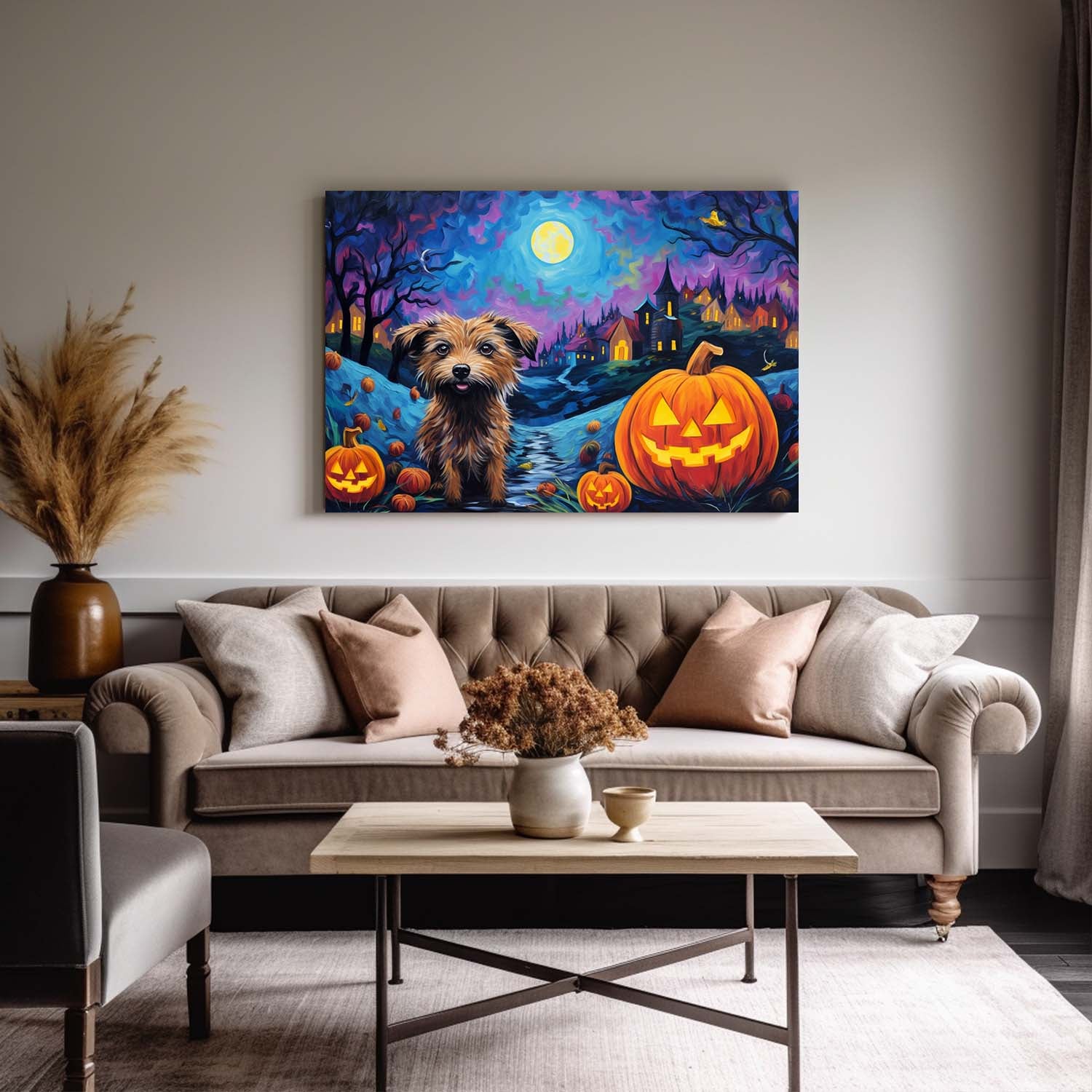 Chinese Cresteds Dog Halloween With Pumpkin Oil Painting Van Goh Style, Wooden Canvas Prints Wall Art Painting , Canvas 3d Art