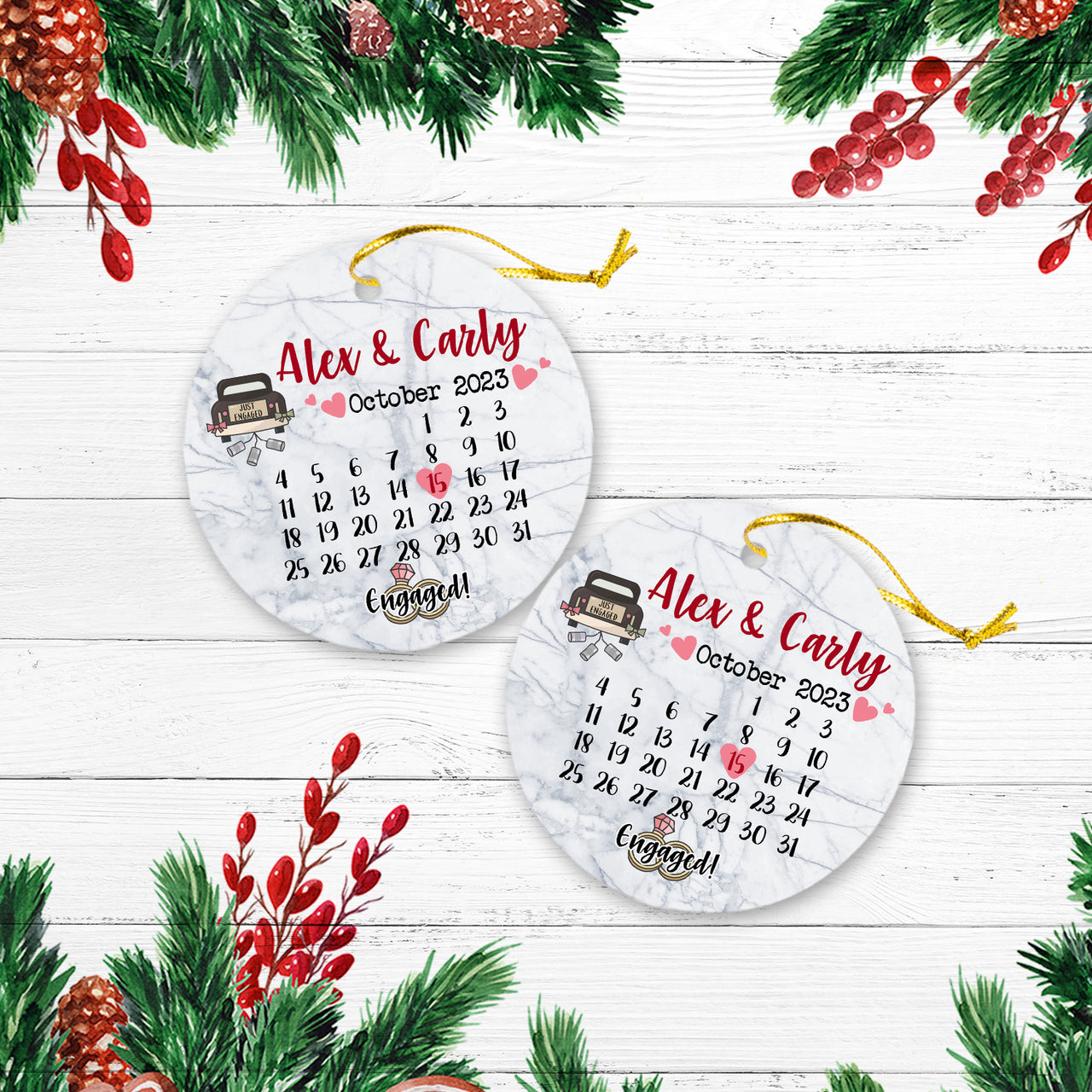 Calendar Couple Engaged Personalized Custom Name Christmas Premium Ceramic Ornaments Sets