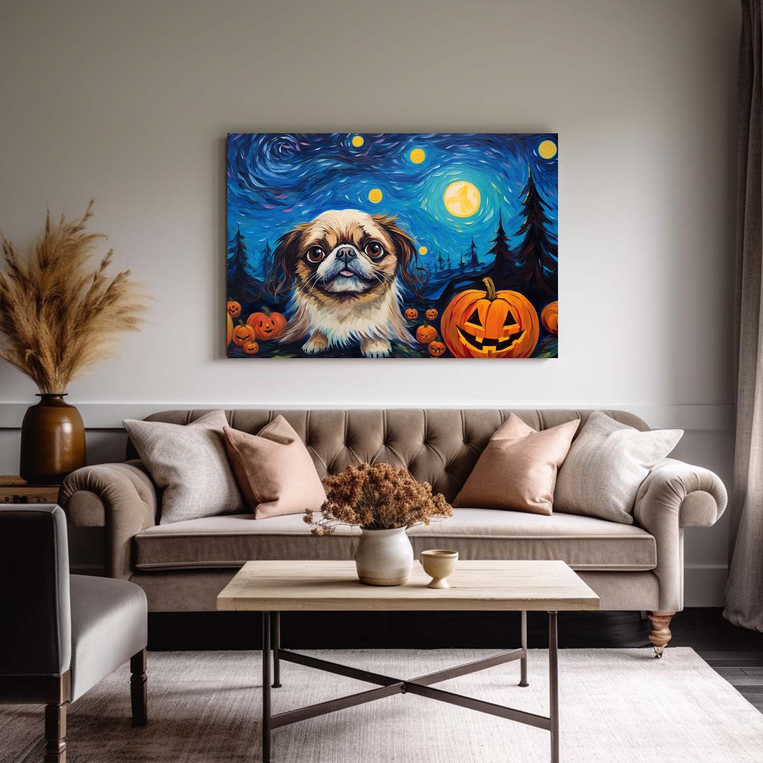 Pekingese Dog 01 Halloween With Pumpkin Oil Painting Van Goh Style, Wooden Canvas Prints Wall Art Painting , Canvas 3d Art