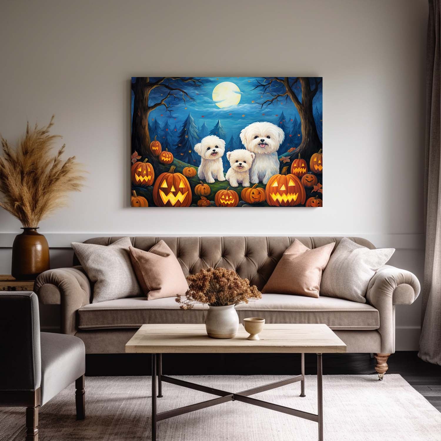 Bichons Frises Dog 02 Halloween With Pumpkin Oil Painting Van Goh Style, Wooden Canvas Prints Wall Art Painting , Canvas 3d Art