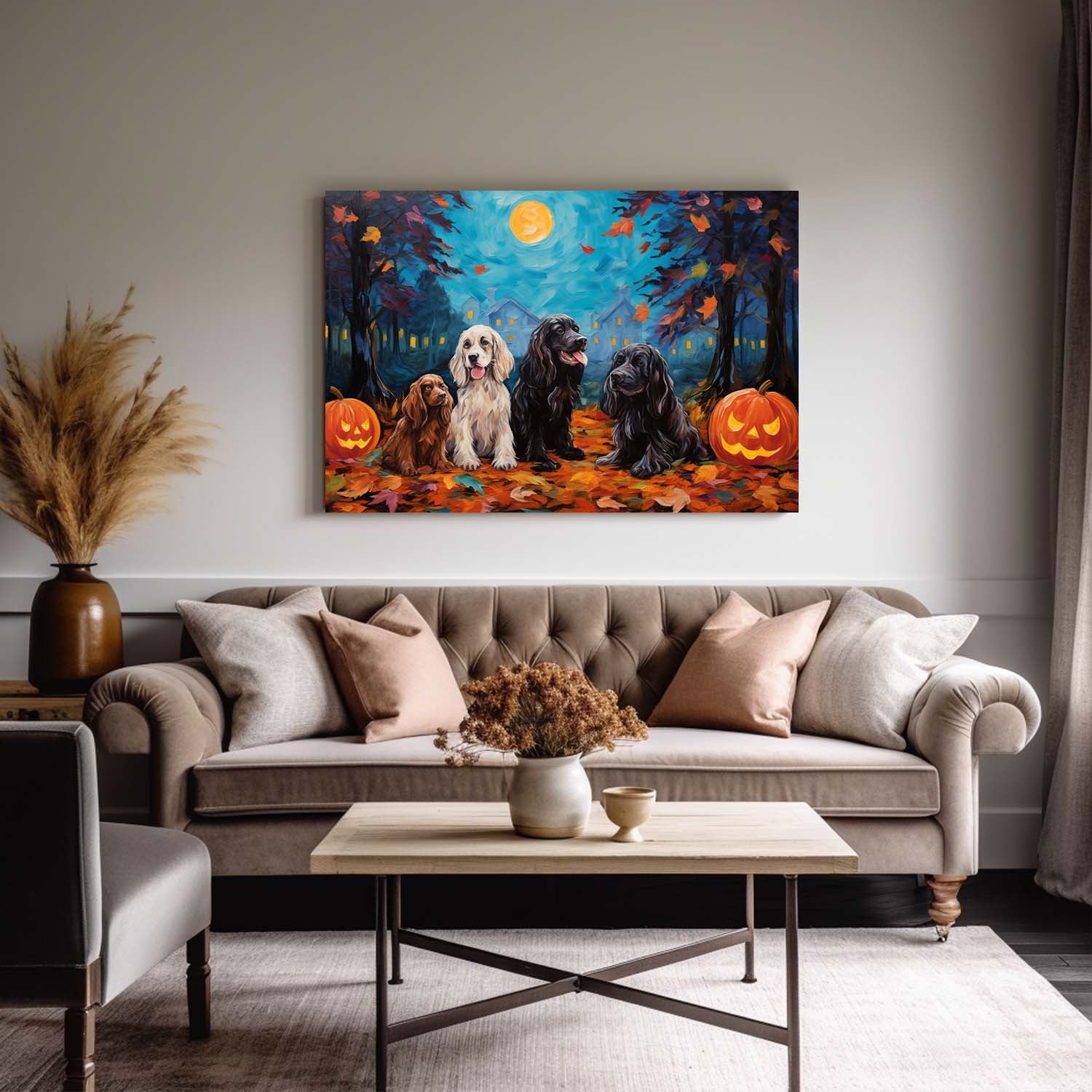 English Cocker Spaniels Dog Halloween With Pumpkin Oil Painting Van Goh Style, Wooden Canvas Prints Wall Art Painting , Canvas 3d Art