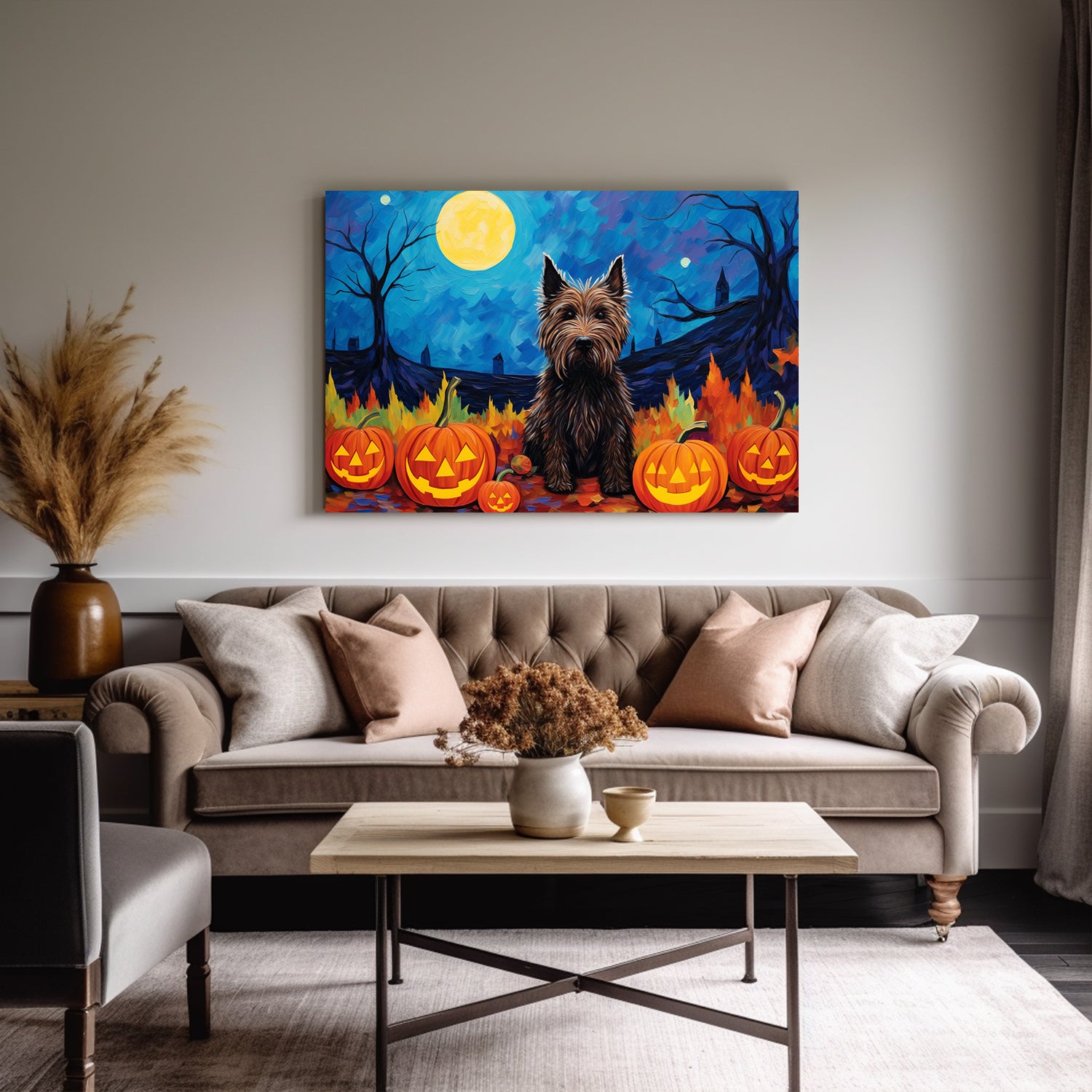 Scottish Terriers Dog Halloween With Pumpkin Oil Painting Van Goh Style, Wooden Canvas Prints Wall Art Painting , Canvas 3d Art