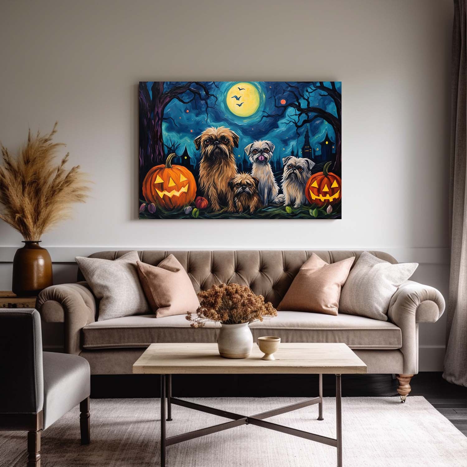 Brussels Griffons Dog 02 Halloween With Pumpkin Oil Painting Van Goh Style, Wooden Canvas Prints Wall Art Painting , Canvas 3d Art