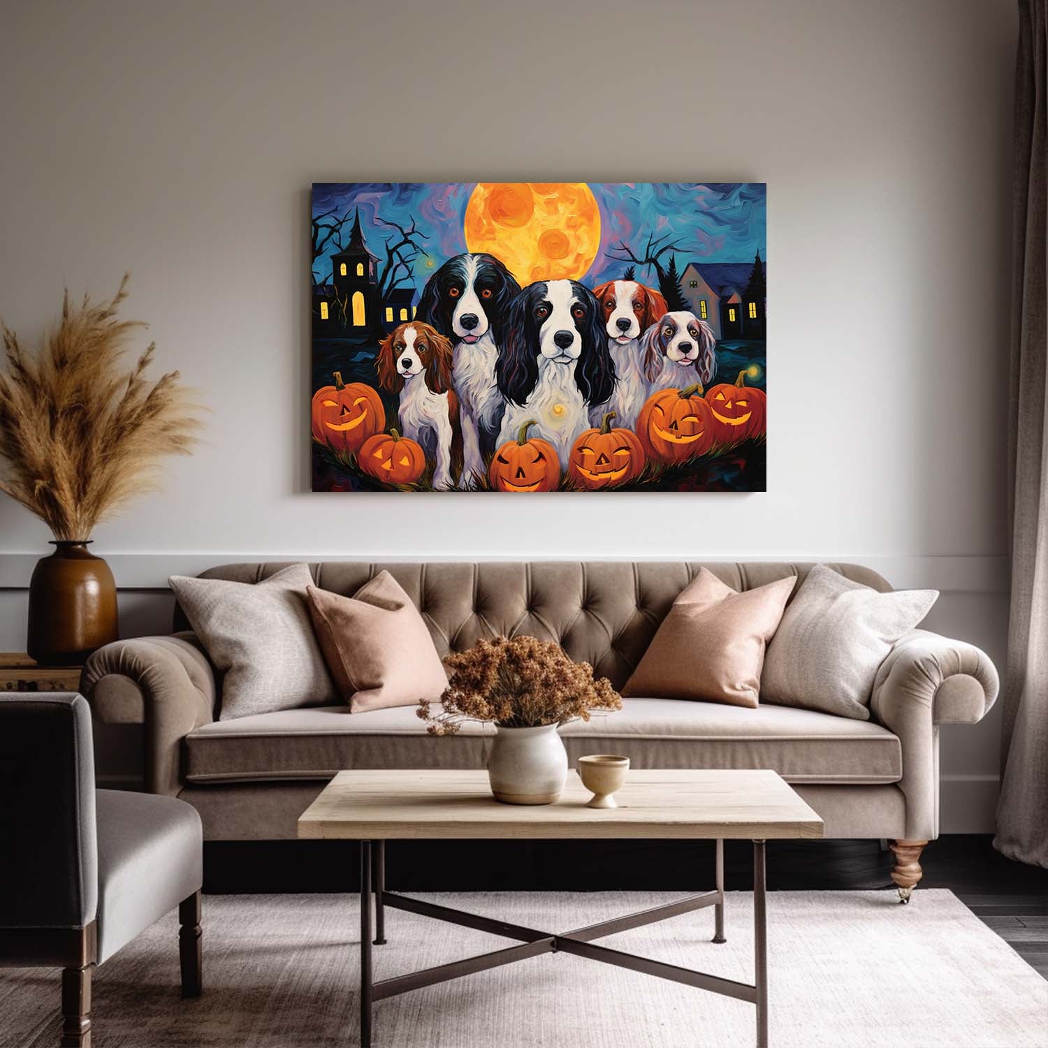 English Springer Spaniels Dog 01 Halloween With Pumpkin Oil Painting Van Goh Style, Wooden Canvas Prints Wall Art Painting , Canvas 3d Art