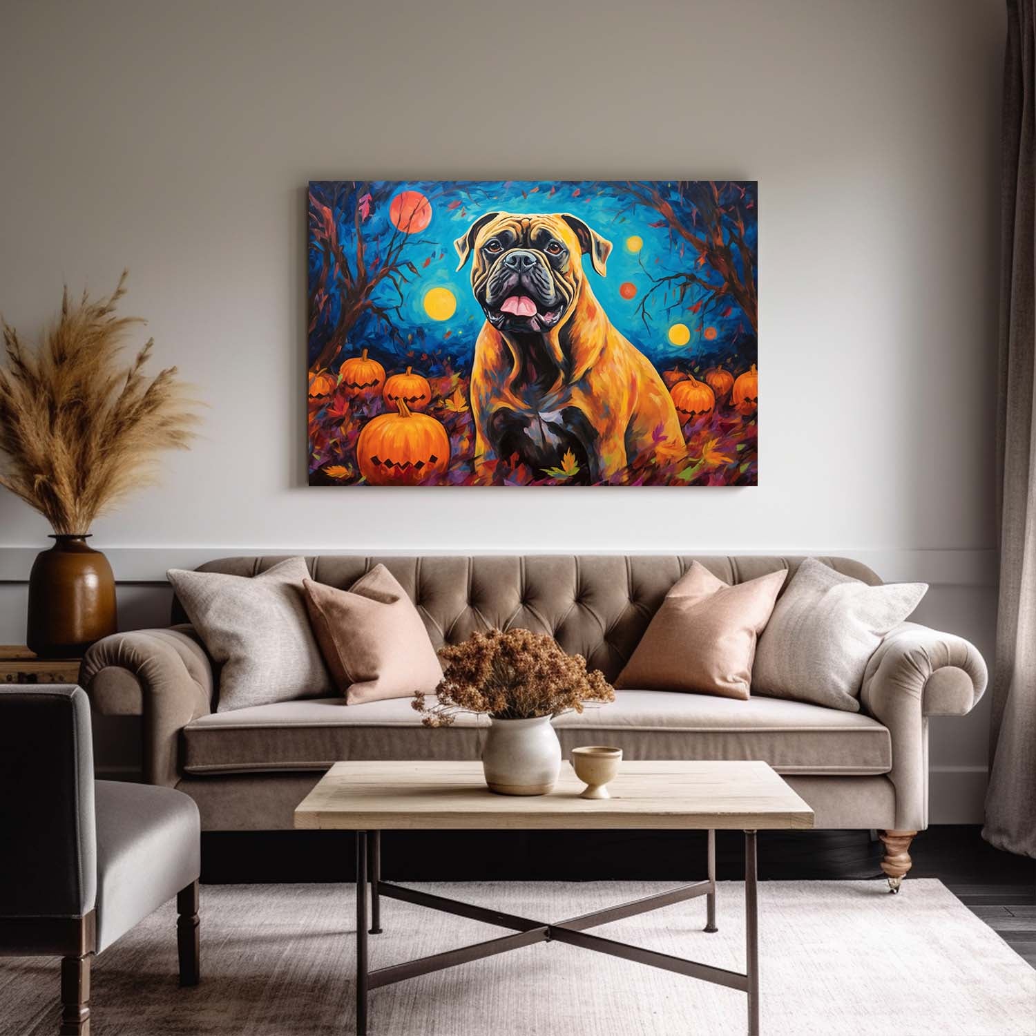 Cane Corso Dog 01 Halloween With Pumpkin Oil Painting Van Goh Style, Wooden Canvas Prints Wall Art Painting , Canvas 3d Art