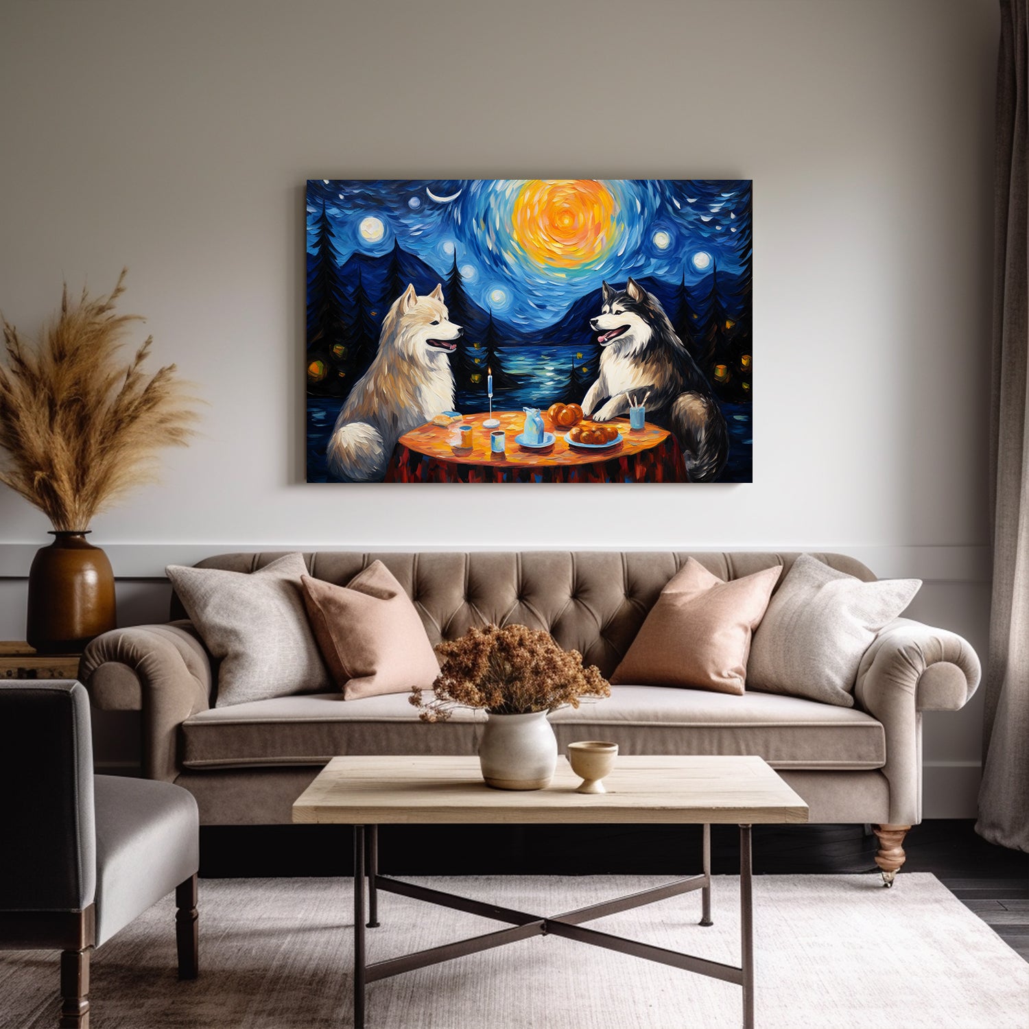 Alaskan Malamutes Dog Halloween With Pumpkin Oil Painting Van Goh Style, Wooden Canvas Prints Wall Art Painting , Canvas 3d Art
