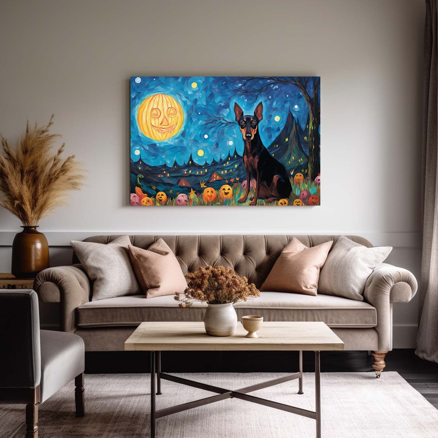 Doberman Pinschers Dog 03 Halloween With Pumpkin Oil Painting Van Goh Style, Wooden Canvas Prints Wall Art Painting , Canvas 3d Art