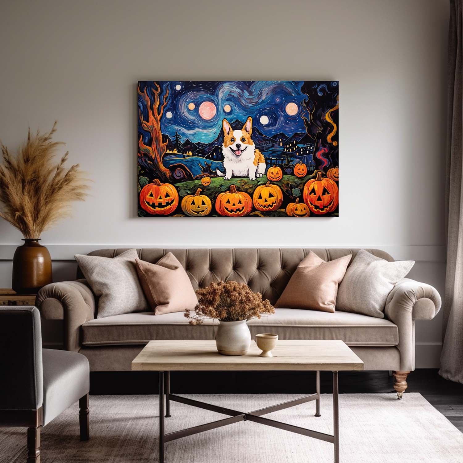 Cardigan Welsh Corgis Dog 01 Halloween With Pumpkin Oil Painting Van Goh Style, Wooden Canvas Prints Wall Art Painting , Canvas 3d Art