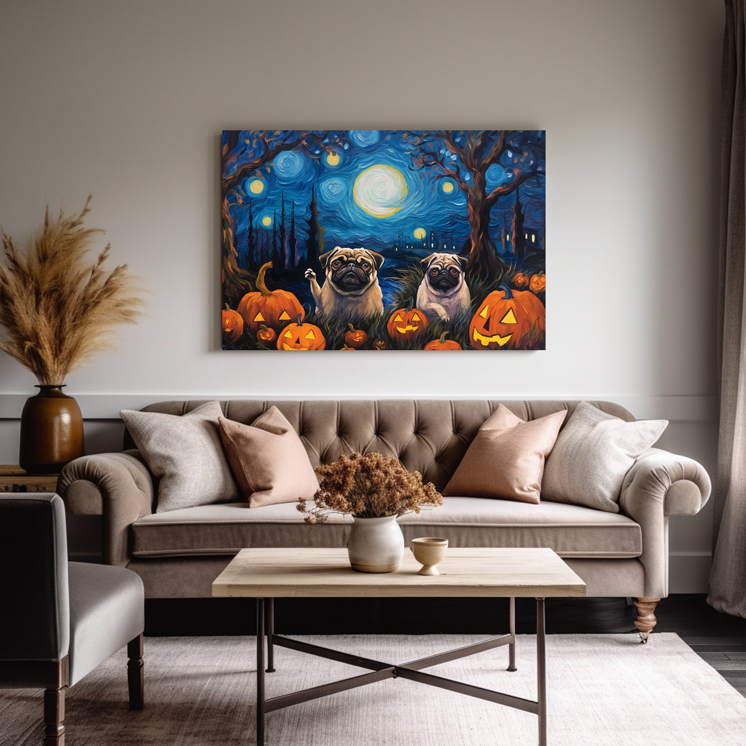 Pug Dog Halloween With Pumpkin Oil Painting Van Goh Style, Wooden Canvas Prints Wall Art Painting , Canvas 3d Art