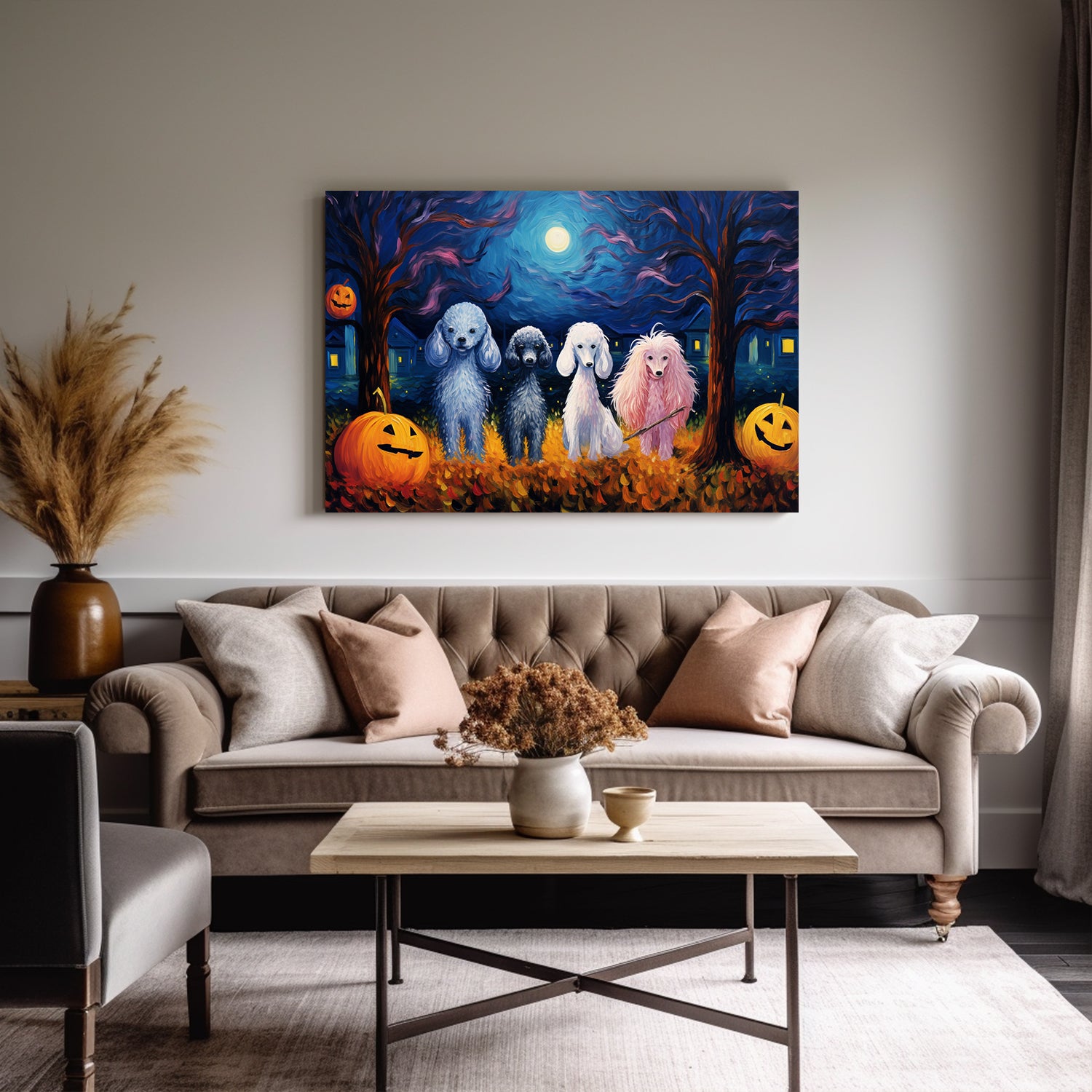 Poodle Dog Halloween With Pumpkin Oil Painting Van Goh Style, Wooden Canvas Prints Wall Art Painting , Canvas 3d Art