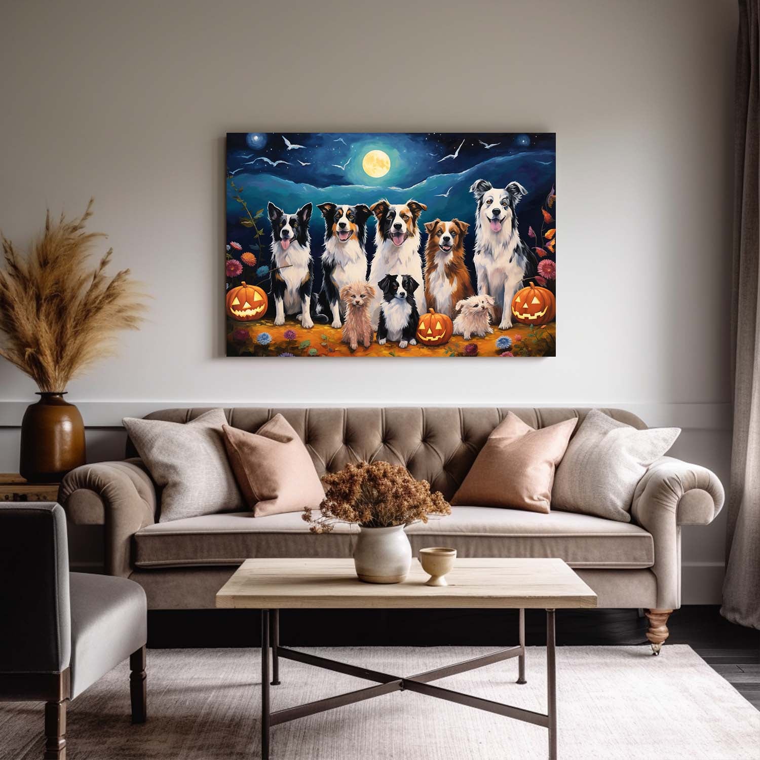 Miniature American Shepherds Dog 02 Halloween With Pumpkin Oil Painting Van Goh Style, Wooden Canvas Prints Wall Art Painting , Canvas 3d Art