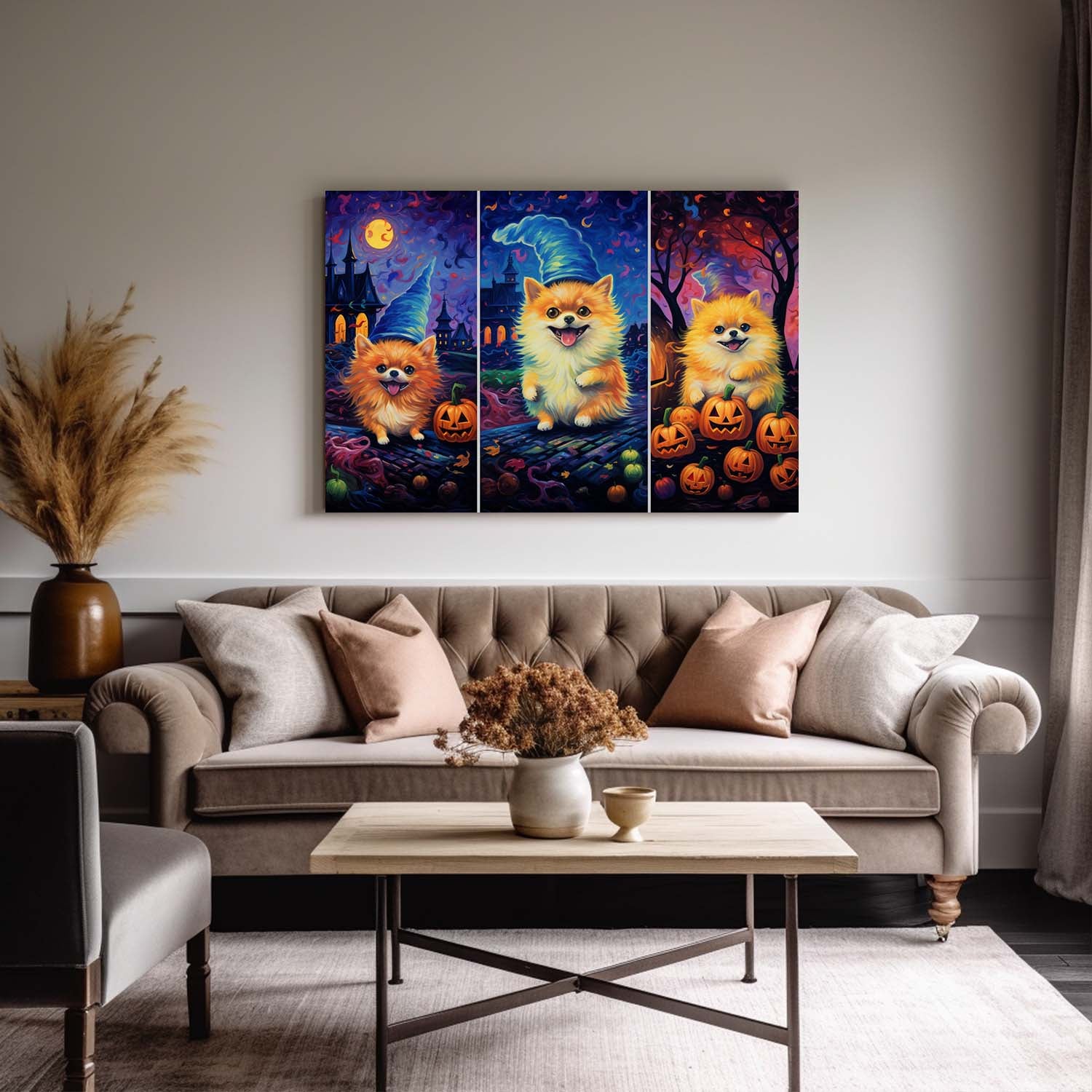 Pomeranians Dog 03 Halloween With Pumpkin Oil Painting Van Goh Style, Wooden Canvas Prints Wall Art Painting , Canvas 3d Art