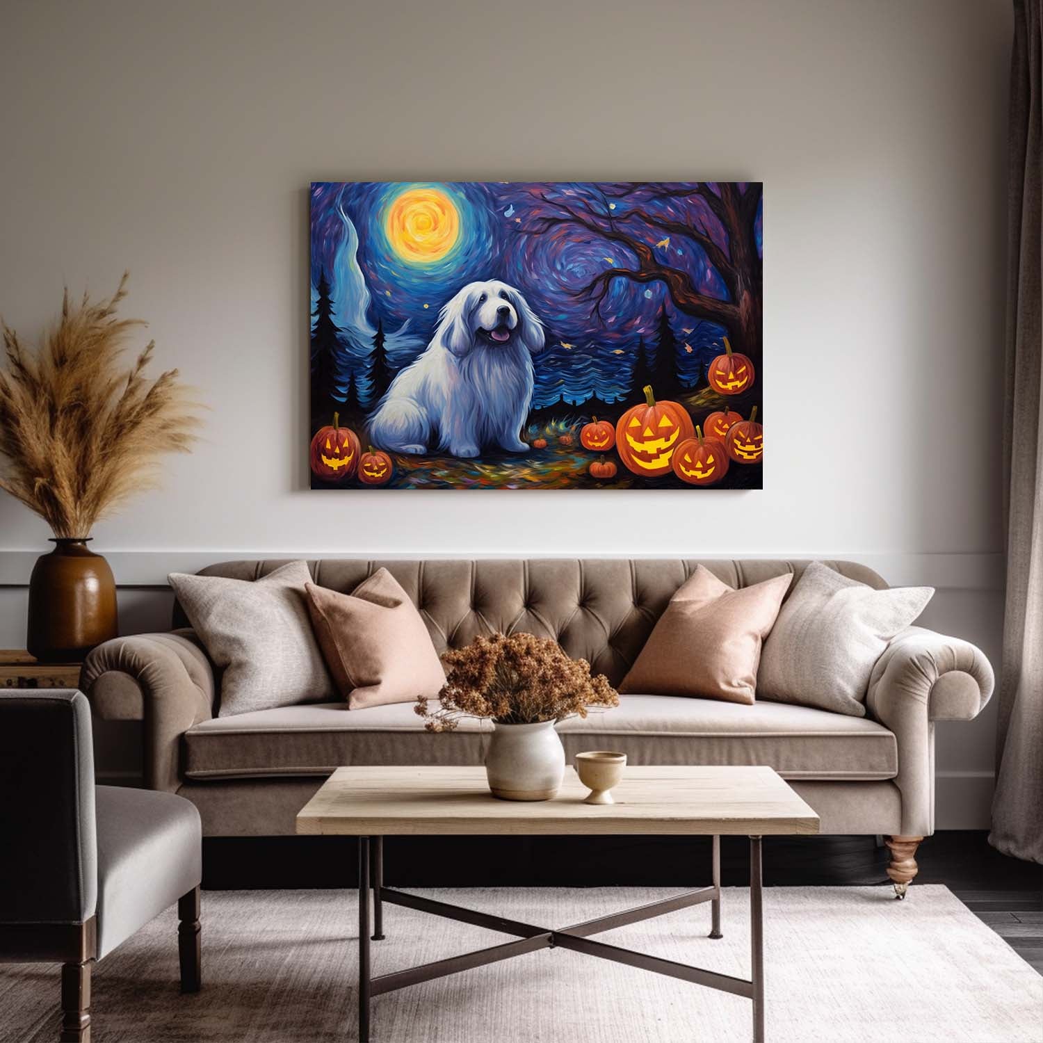 Newfoundland Dog Halloween With Pumpkin Oil Painting Van Goh Style, Wooden Canvas Prints Wall Art Painting , Canvas 3d Art