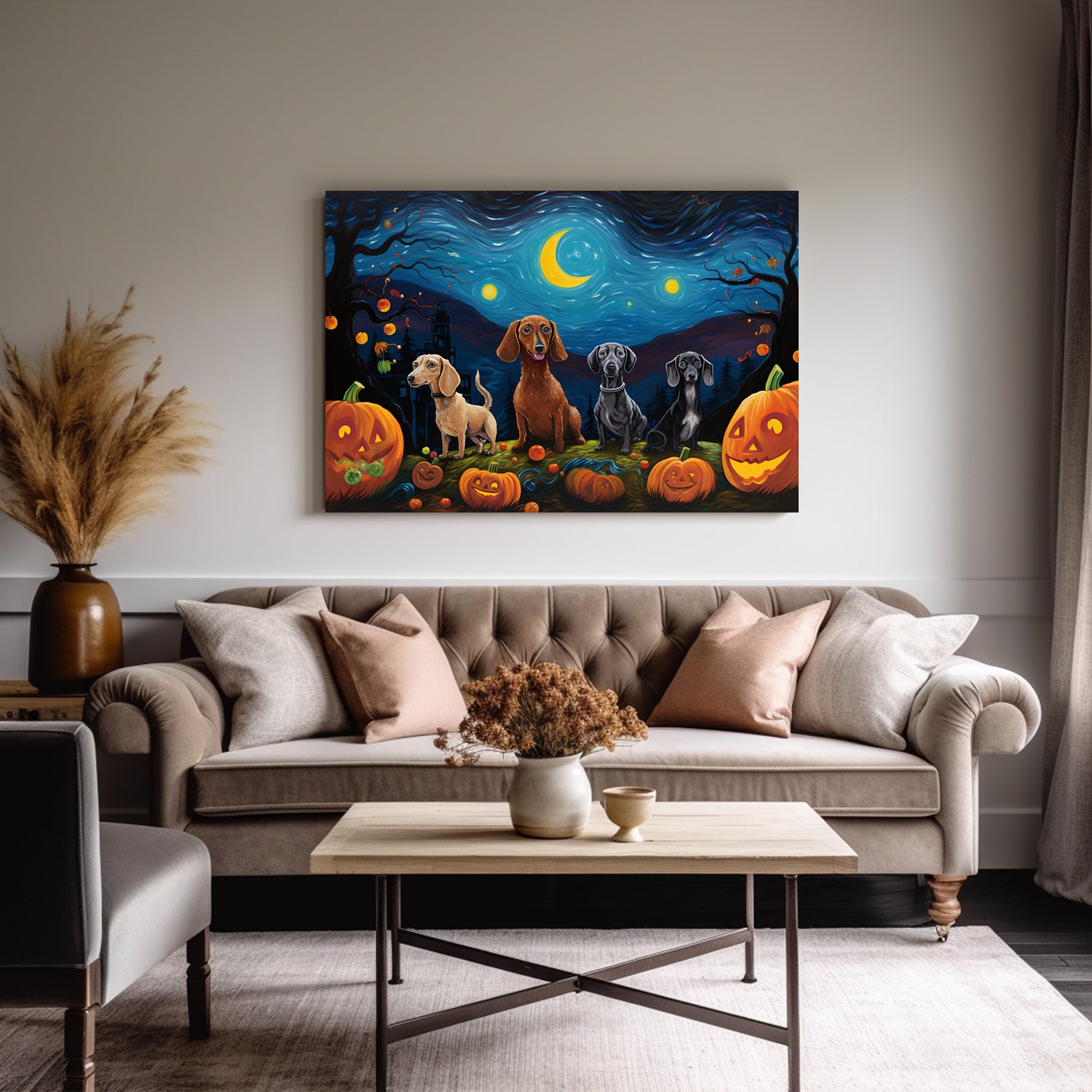 Dachshunds Dogs Halloween With Pumpkin Oil Painting Van Goh Style, Wooden Canvas Prints Wall Art Painting , Canvas 3d Art