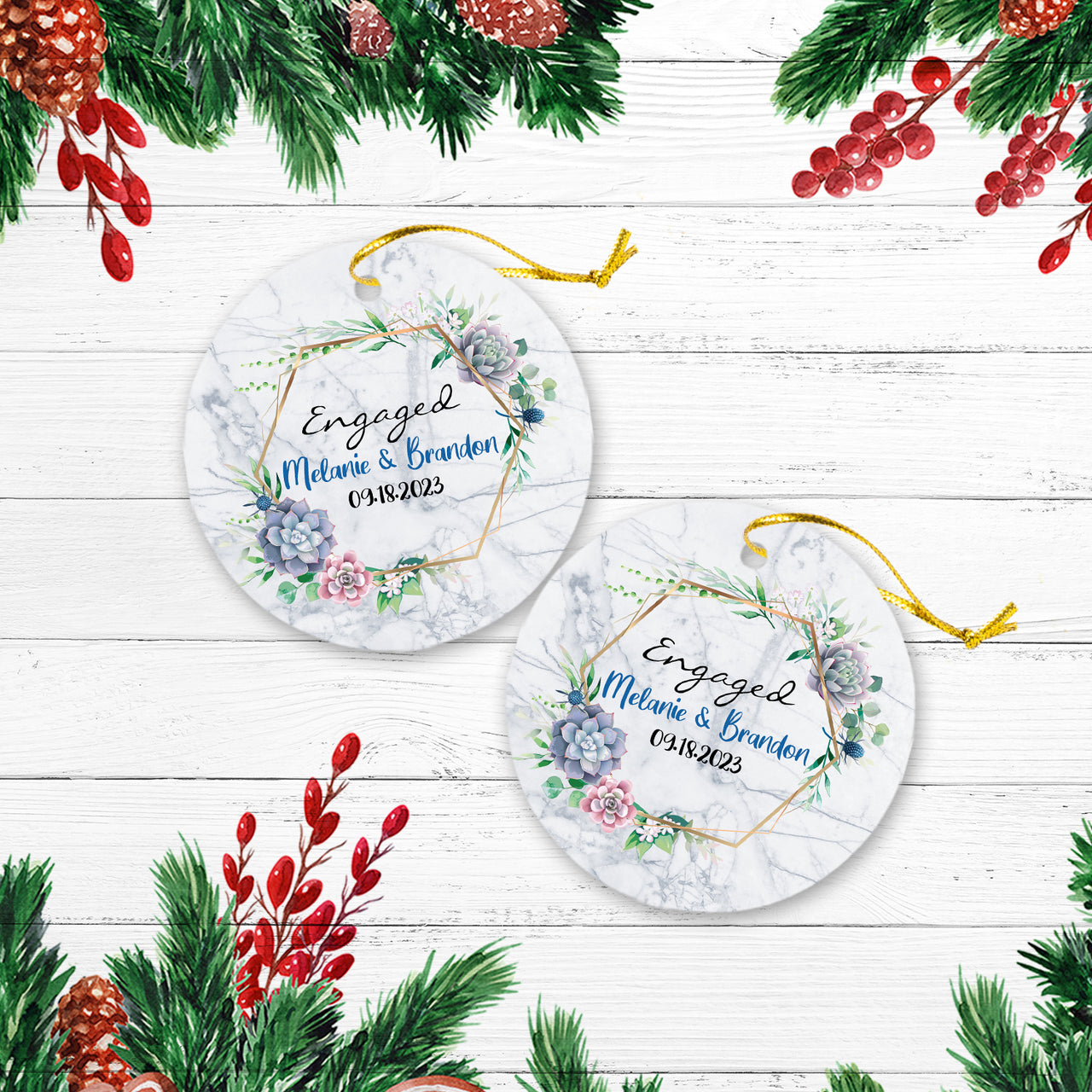 Floral Couple Engaged 02 Personalized Custom Name Christmas Premium Ceramic Ornaments Sets