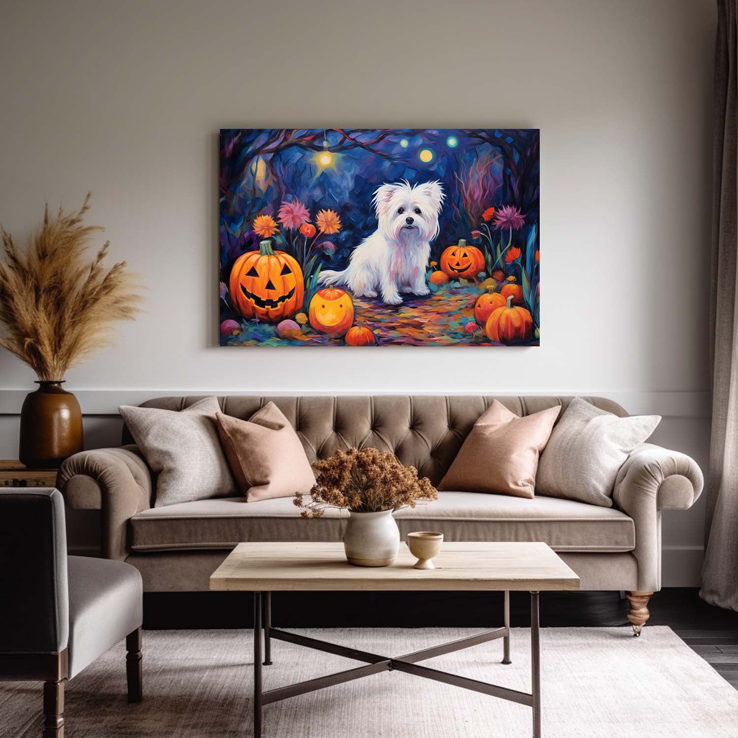 Maltese Dog 01 Halloween With Pumpkin Oil Painting Van Goh Style, Wooden Canvas Prints Wall Art Painting , Canvas 3d Art