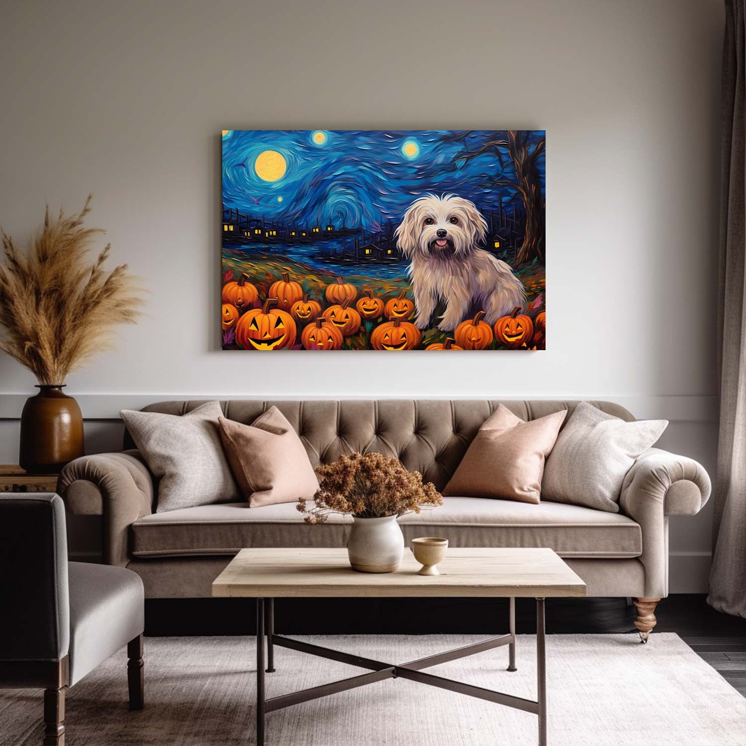 Havanese  Dog 03 Halloween With Pumpkin Oil Painting Van Goh Style, Wooden Canvas Prints Wall Art Painting , Canvas 3d Art