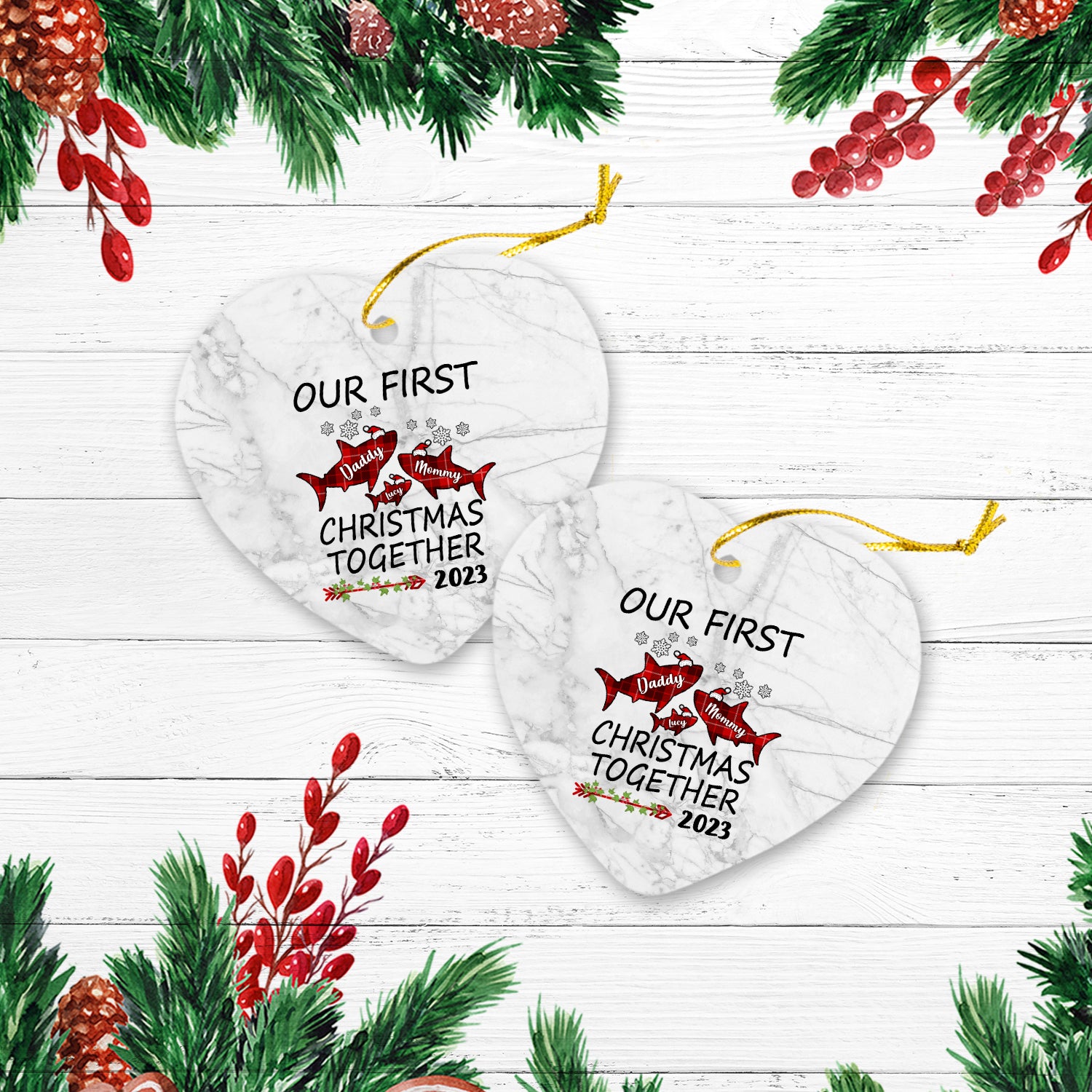 Our First Christmas Together Version Shark Personalized Christmas Premium Ceramic Ornaments