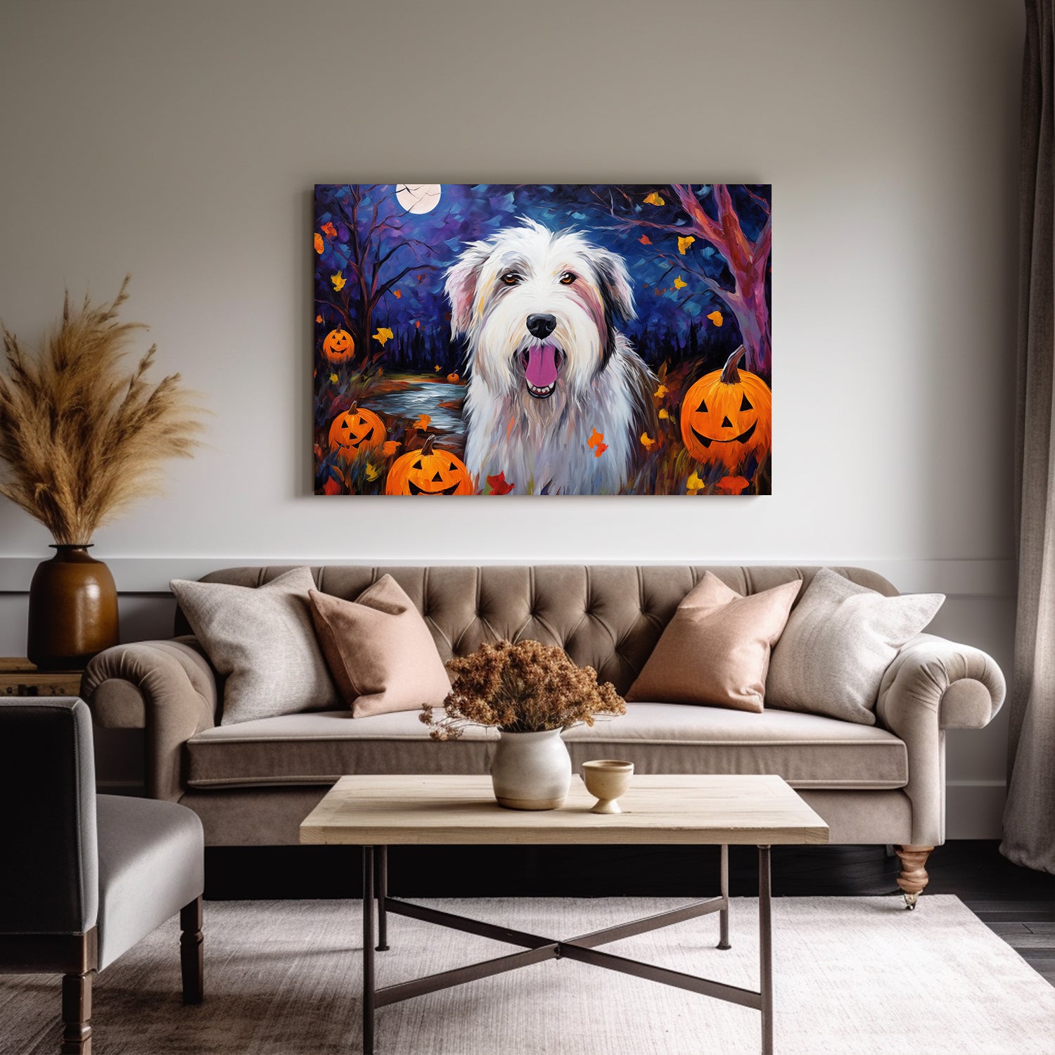 Old English Sheepdogs Dog Halloween With Pumpkin Oil Painting Van Goh Style, Wooden Canvas Prints Wall Art Painting , Canvas 3d Art