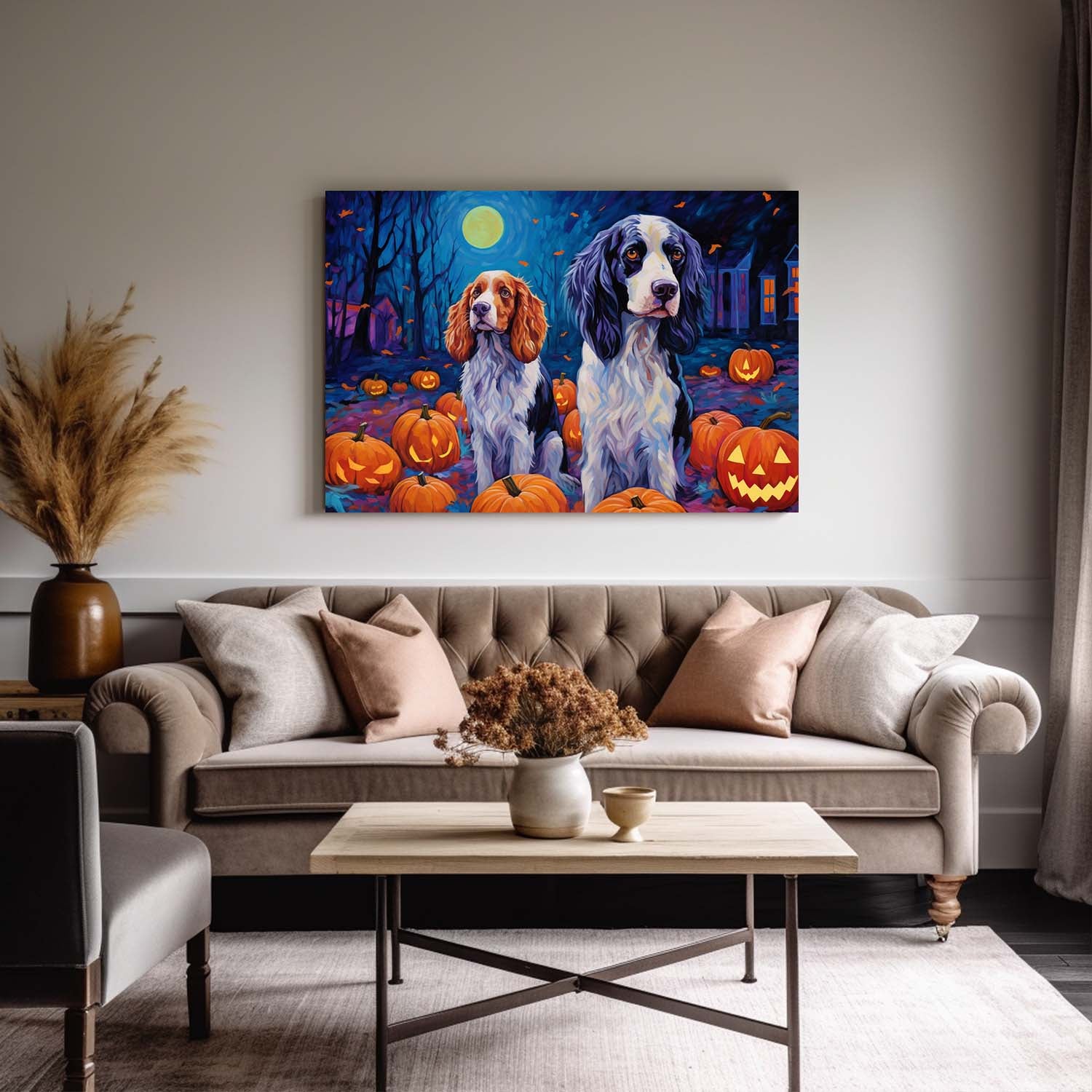 English Setters Dog 01 Halloween With Pumpkin Oil Painting Van Goh Style, Wooden Canvas Prints Wall Art Painting , Canvas 3d Art