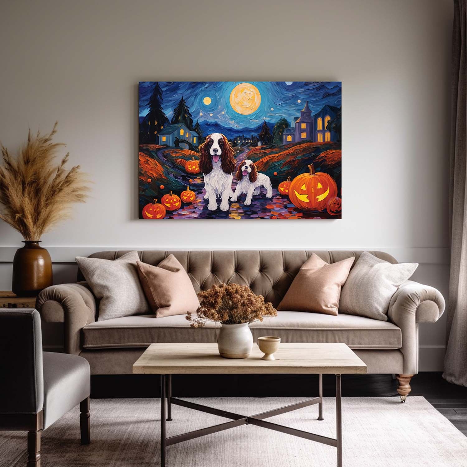 English Springer Spaniels Dog 02 Halloween With Pumpkin Oil Painting Van Goh Style, Wooden Canvas Prints Wall Art Painting , Canvas 3d Art