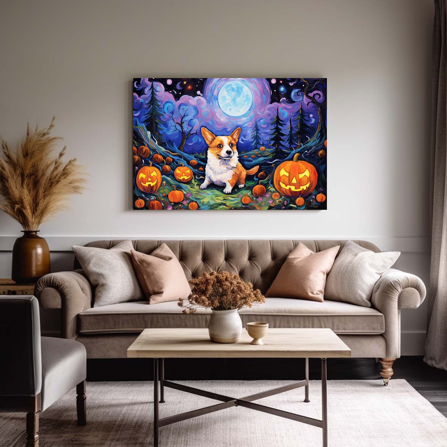 Cardigan Welsh Corgis Dog 02 Halloween With Pumpkin Oil Painting Van Goh Style, Wooden Canvas Prints Wall Art Painting , Canvas 3d Art
