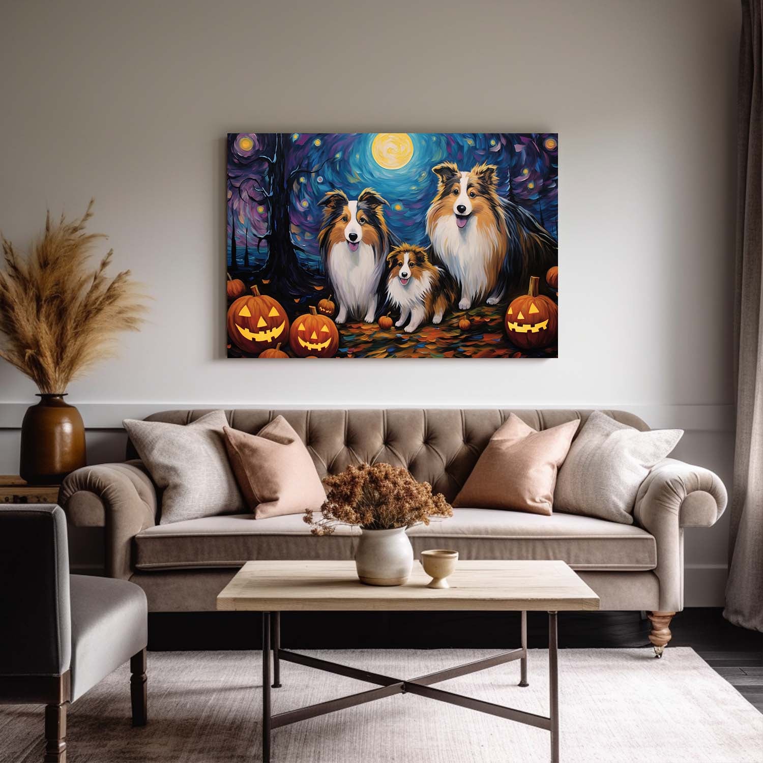 Shetland Sheepdogs Dog 01 Halloween With Pumpkin Oil Painting Van Goh Style, Wooden Canvas Prints Wall Art Painting , Canvas 3d Art